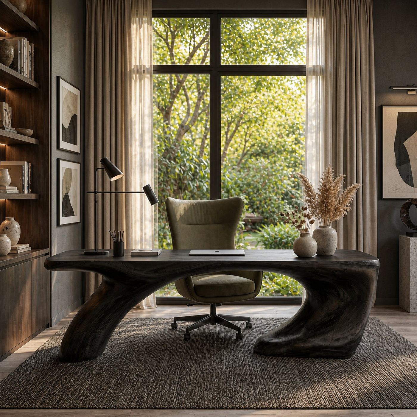 Modern Organic Desk With Sculptural Curved Wood Base And Solid Wood Top For Home Office And Workspace - product view 4