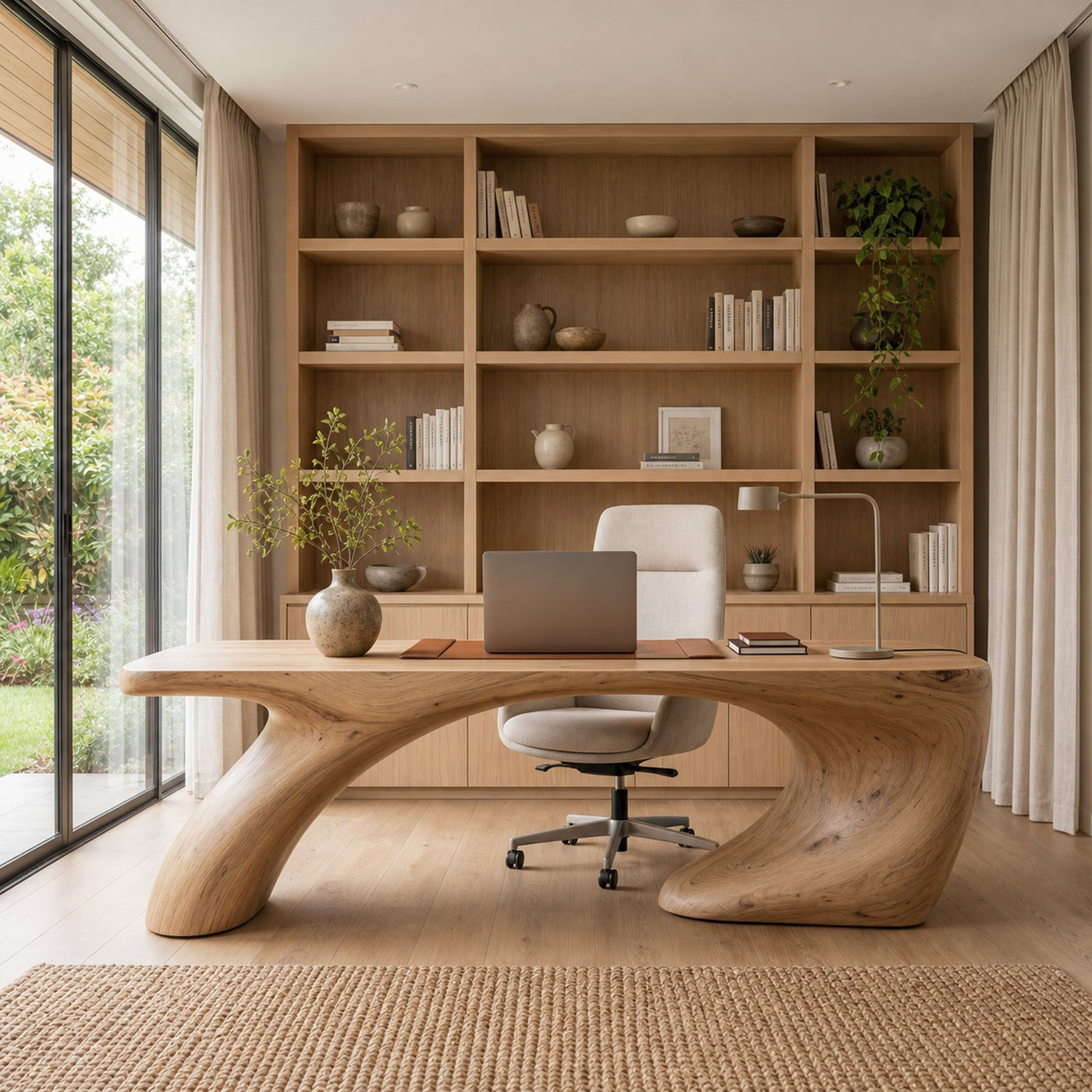 Modern Organic Desk With Sculptural Curved Wood Base And Solid Wood Top For Home Office And Workspace - product view 5