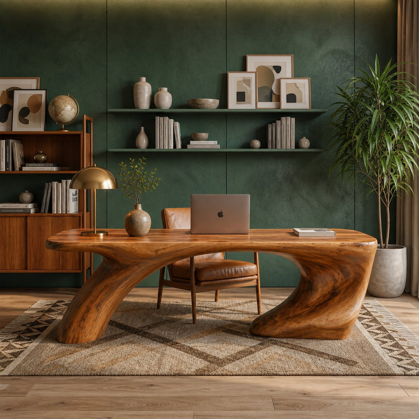 Modern Organic Desk With Sculptural Curved Wood Base And Solid Wood Top For Home Office And Workspace - product view 6