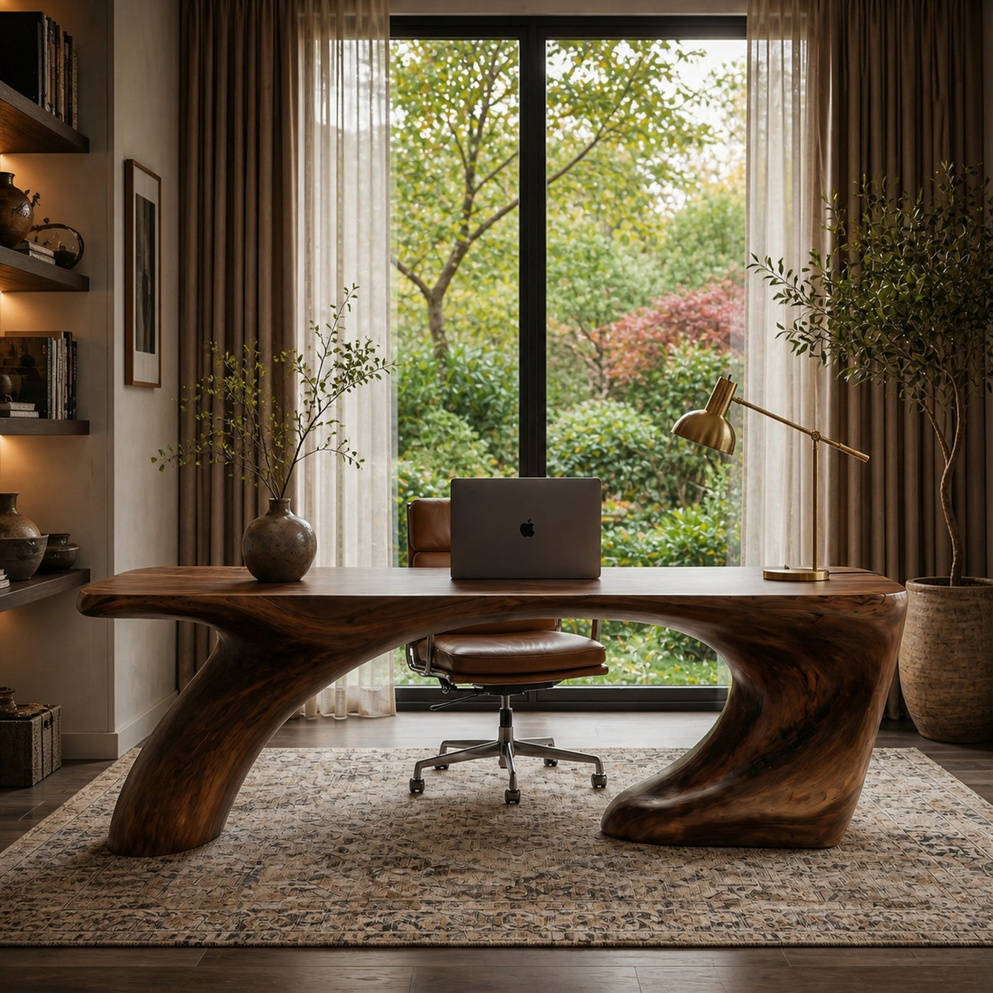 Modern Organic Desk With Sculptural Curved Wood Base And Solid Wood Top For Home Office And Workspace - product view 7