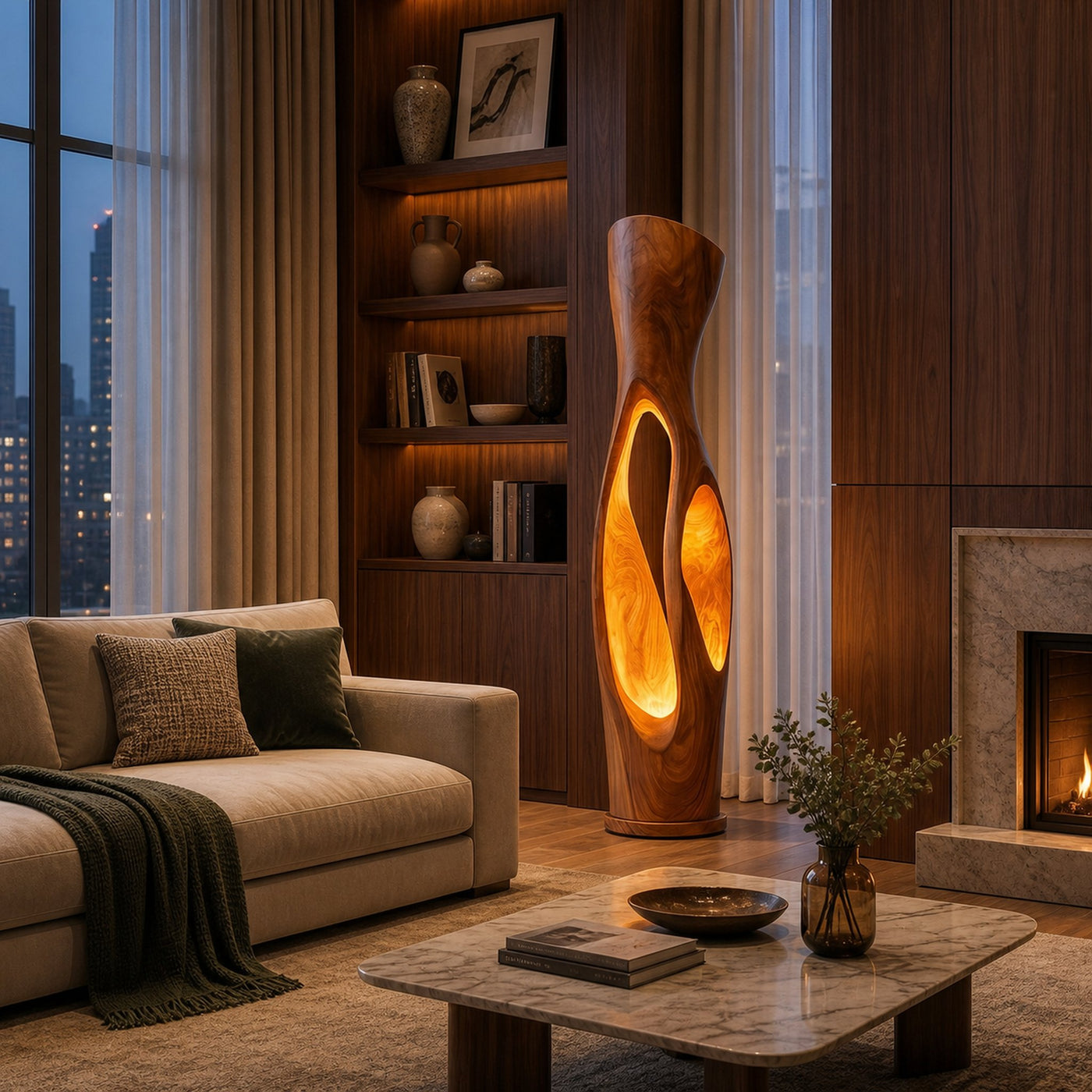Modern Organic Floor Lamp With Illuminated Hollow Wood Design For Living Room