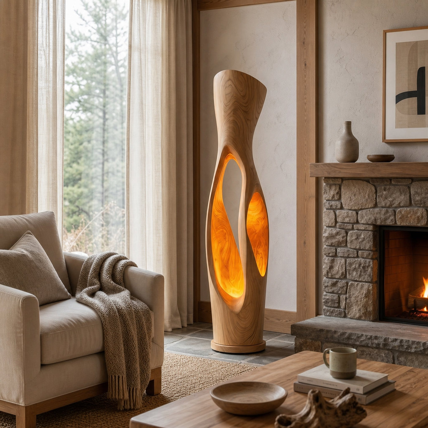 Modern Organic Floor Lamp With Illuminated Hollow Wood Design For Living Room - product view 5