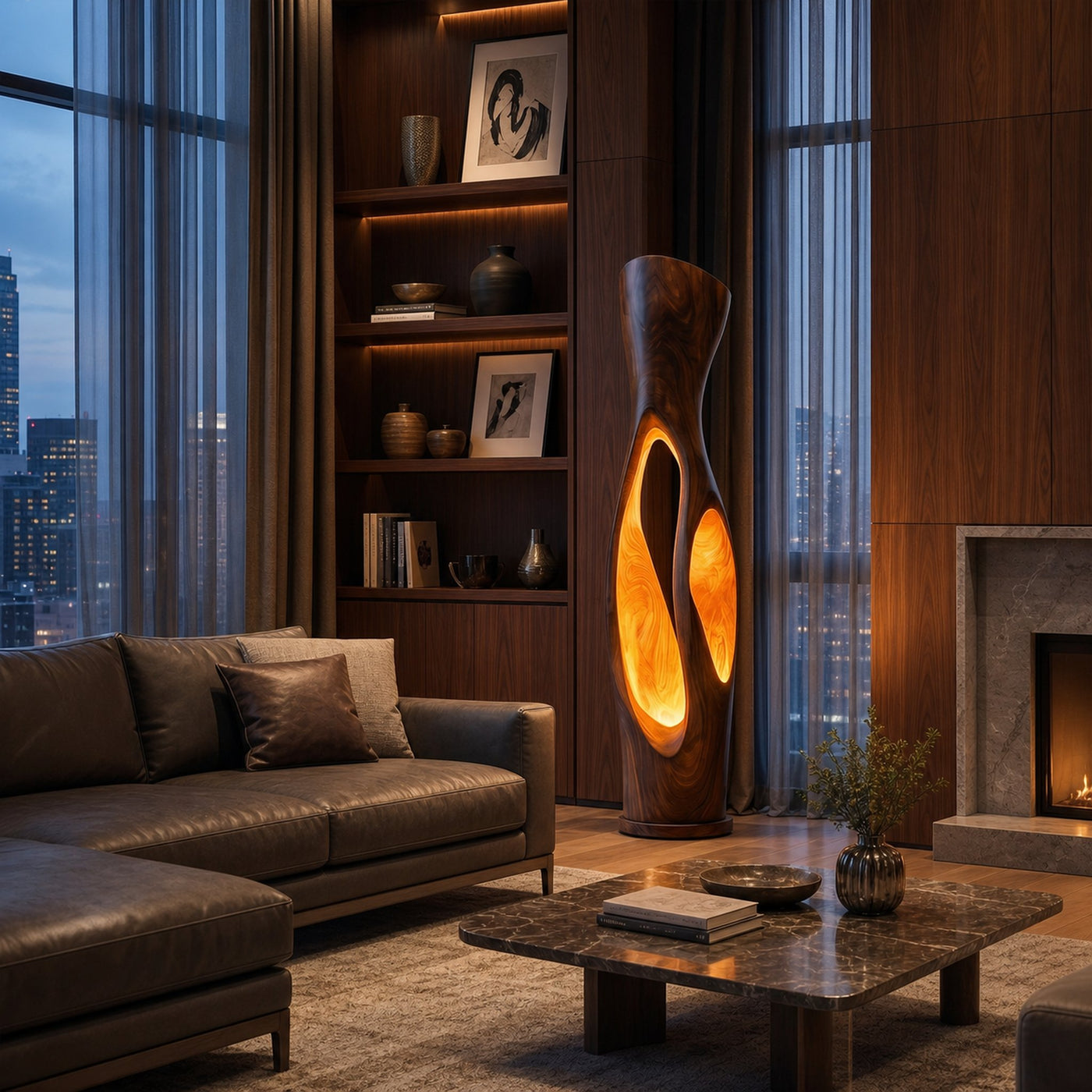 Modern Organic Floor Lamp With Illuminated Hollow Wood Design For Living Room - product view 7