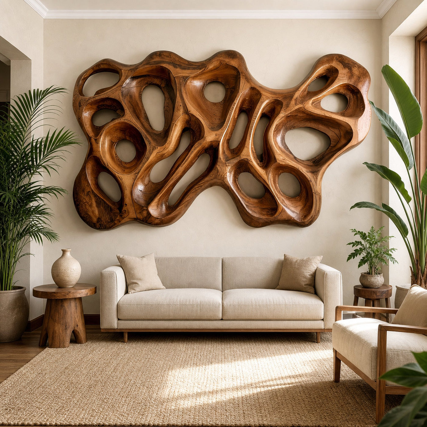 Modern Organic Wood Wall Sculpture For Living Room Feature Wall And Artistic Interior Accent
