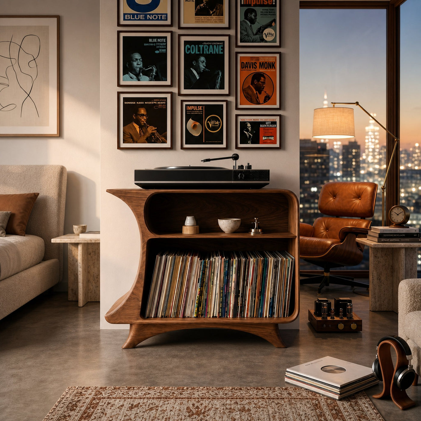 Modern Record Player Stand With 2 Tiers Storage For Living
