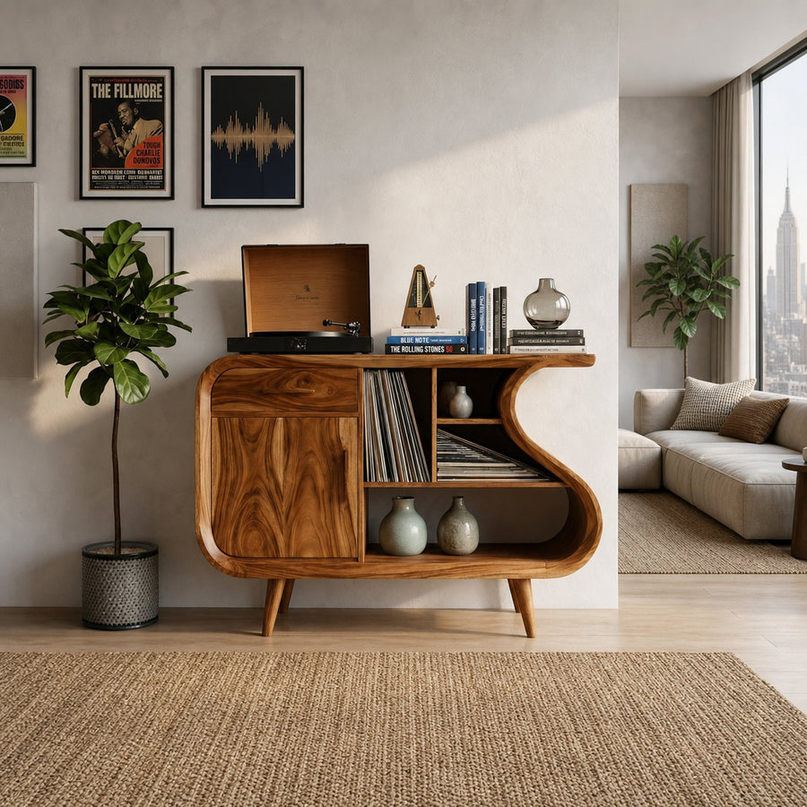 Modern Record Player Stand With S-shaped Side For Living Room