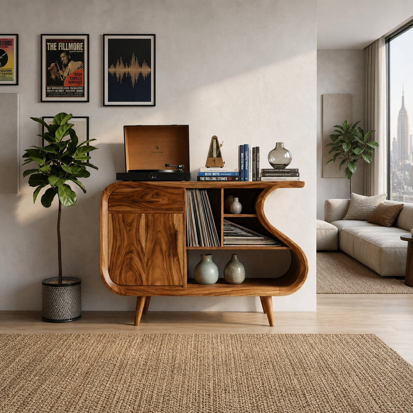Modern Record Player Stand With S-shaped Side For Living Room