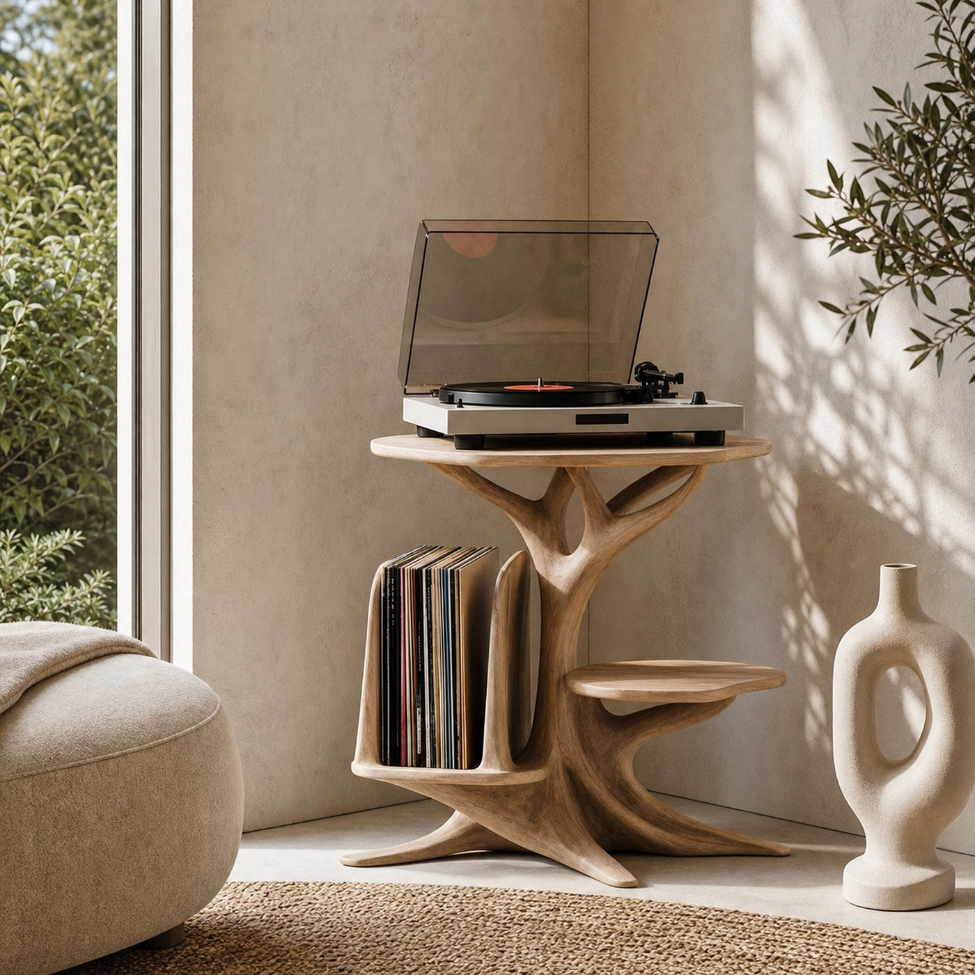 Modern Record Player Stand With Sculptural Solid Wood Base And Vinyl Storage For Living Room