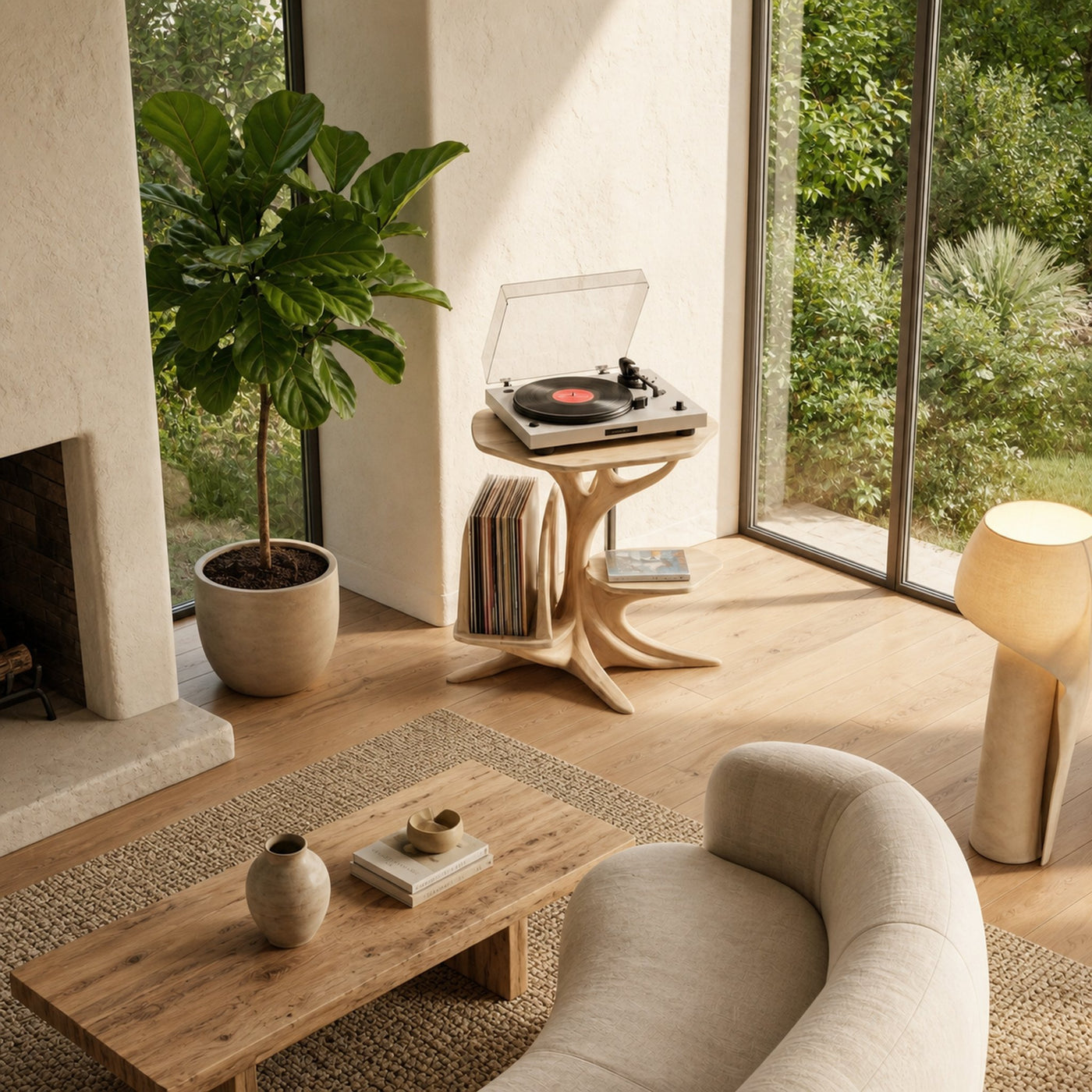 Modern Record Player Stand With Sculptural Solid Wood Base And Vinyl Storage For Living Room - product view 2