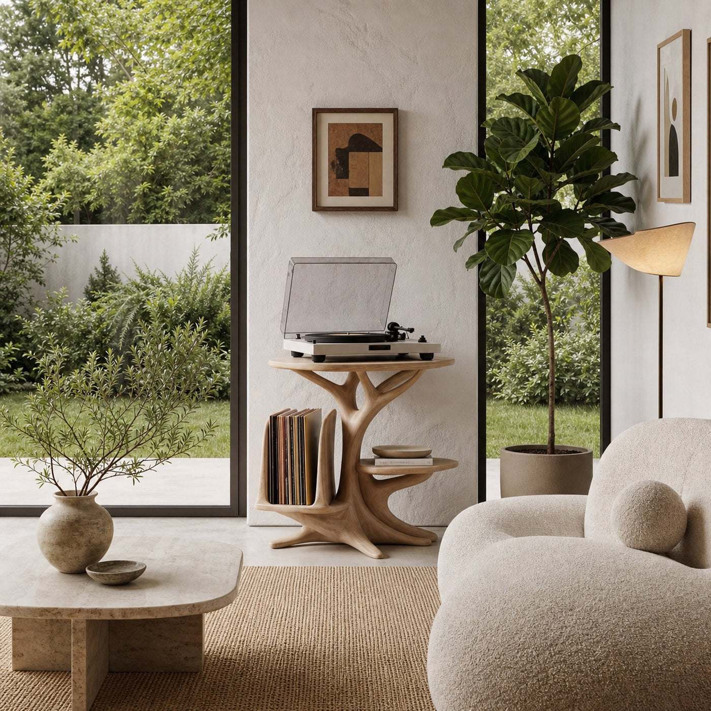 Modern Record Player Stand With Sculptural Solid Wood Base And Vinyl Storage For Living Room - product view 3