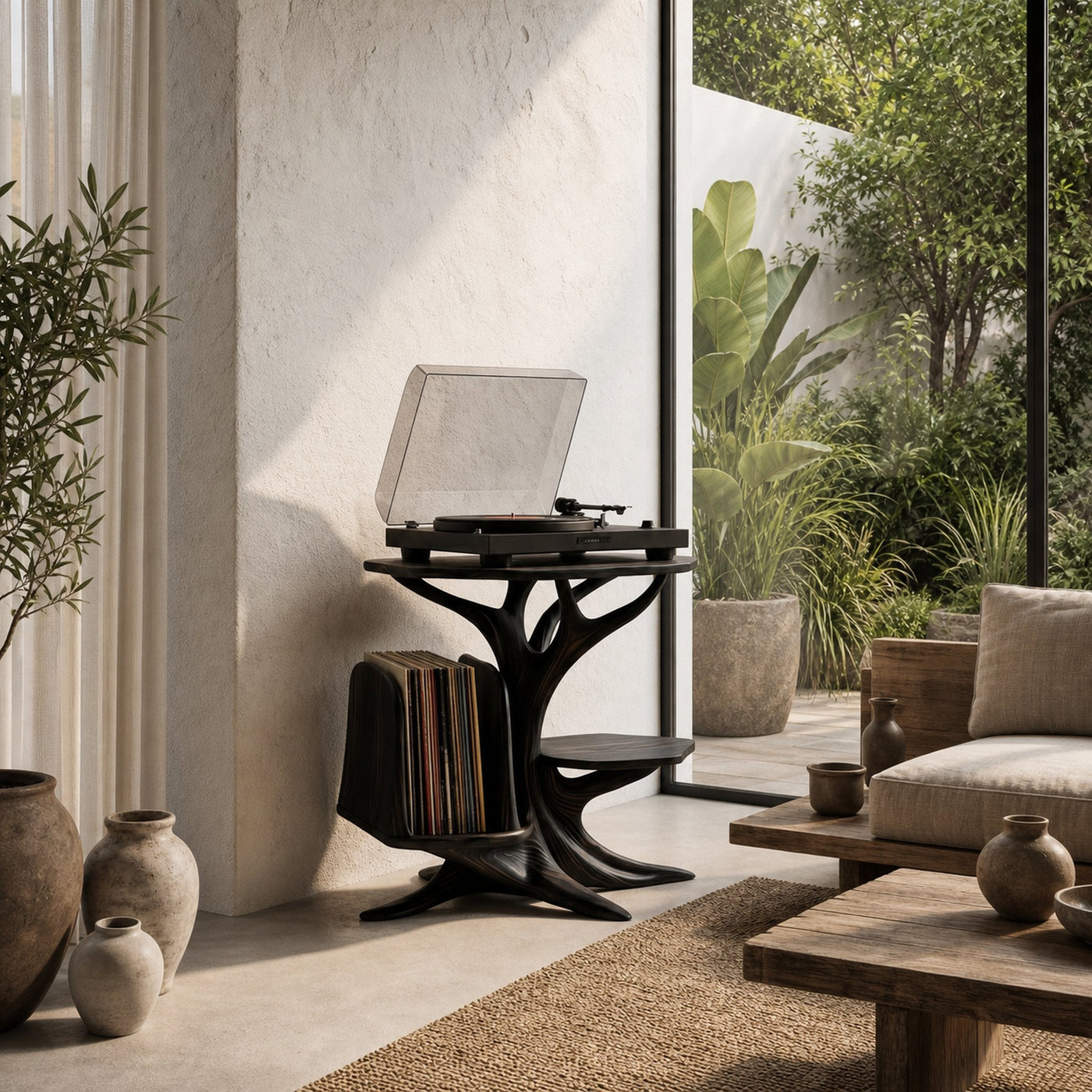 Modern Record Player Stand With Sculptural Solid Wood Base And Vinyl Storage For Living Room - product view 4