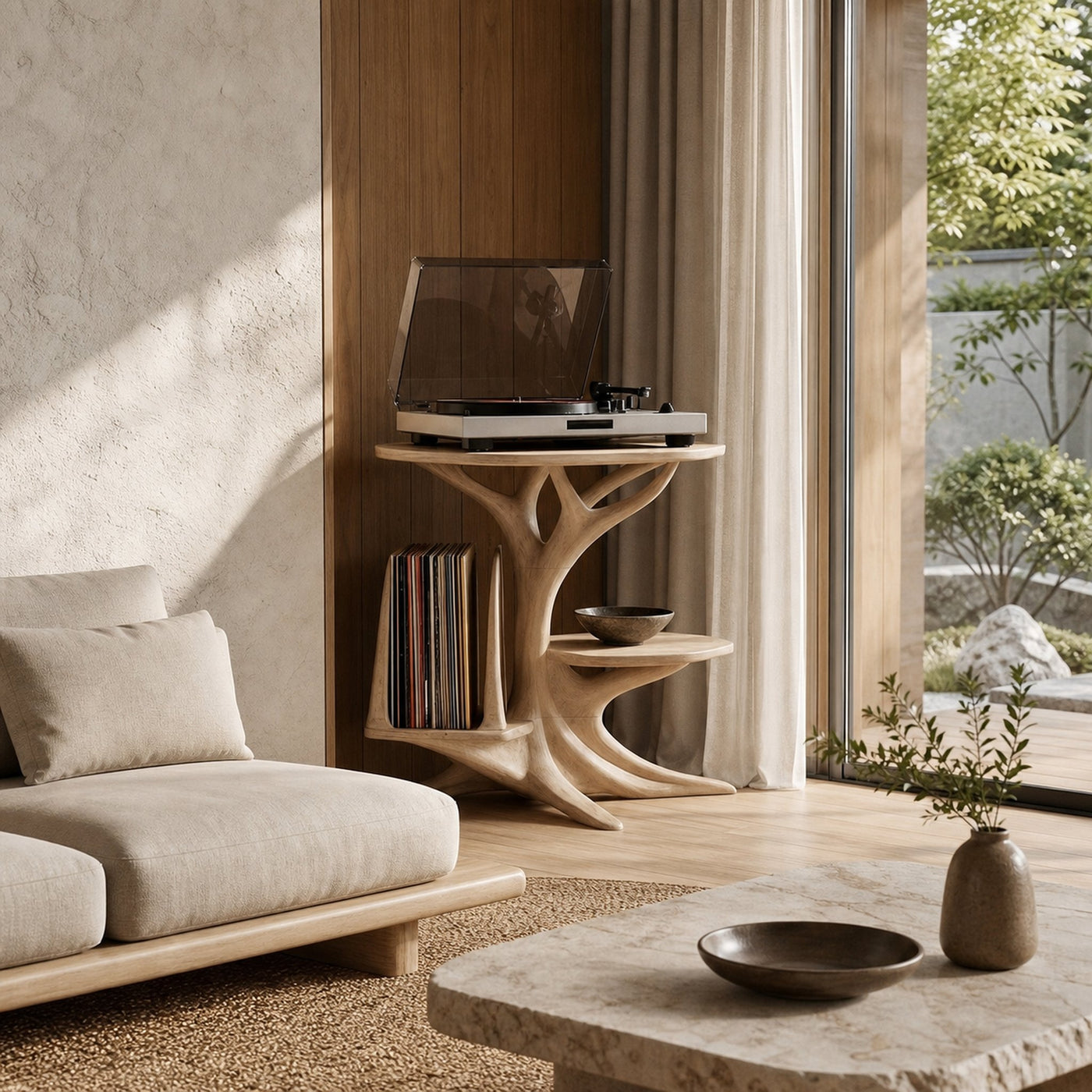 Modern Record Player Stand With Sculptural Solid Wood Base And Vinyl Storage For Living Room - product view 5