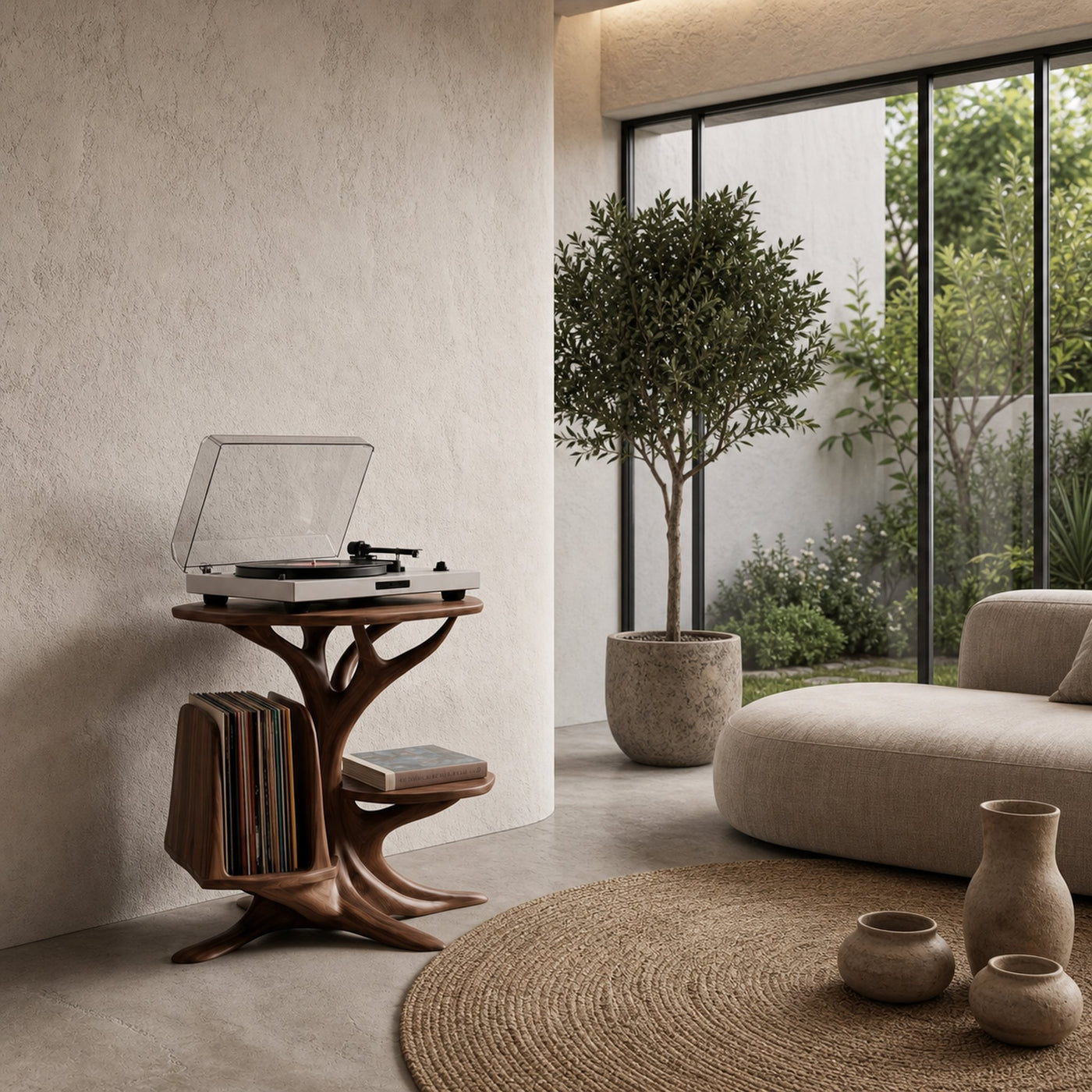 Modern Record Player Stand With Sculptural Solid Wood Base And Vinyl Storage For Living Room - product view 7