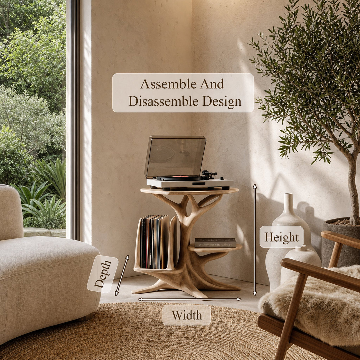 Modern Record Player Stand With Sculptural Solid Wood Base And Vinyl Storage For Living Room - product view 8