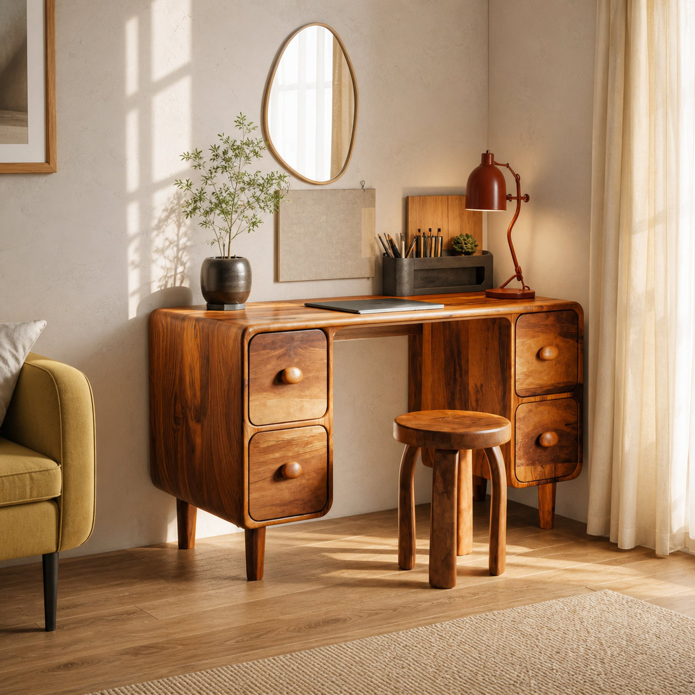 Modern Rounded Corner Desk With Drawers For Home Office Workspace