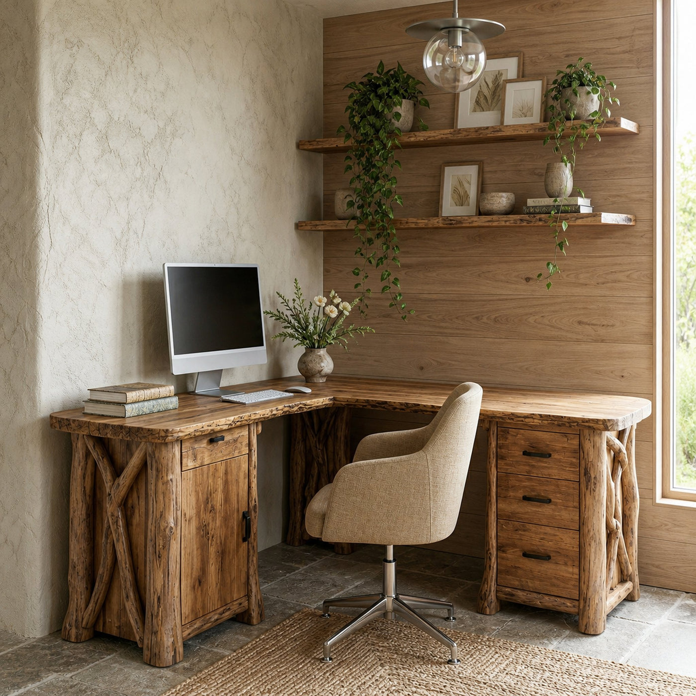 Modern Rustic Desk Solid Wood L Shape Workstation With Storage Home Office And Study Room