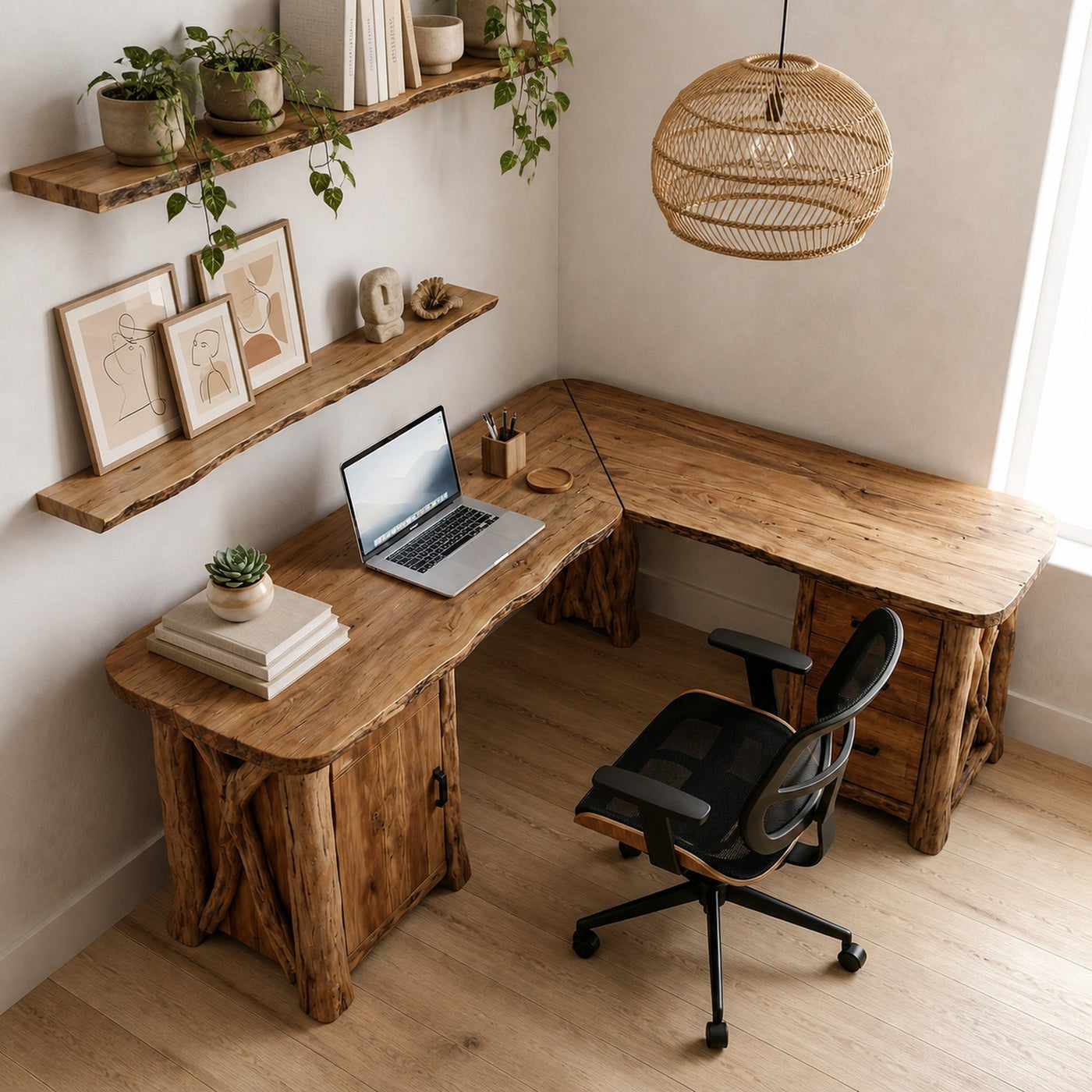 Modern Rustic Desk Solid Wood L Shape Workstation With Storage Home Office And Study Room - product view 2