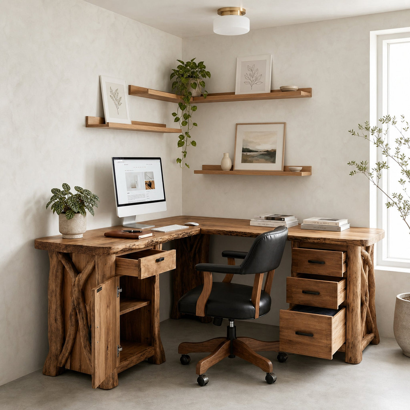 Modern Rustic Desk Solid Wood L Shape Workstation With Storage Home Office And Study Room - product view 3