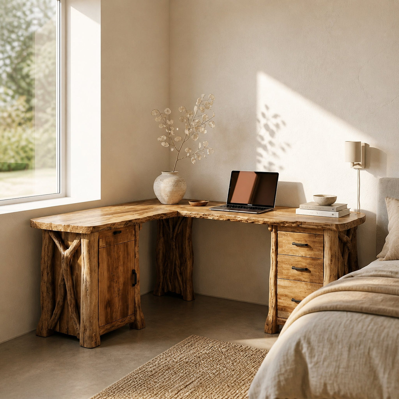 Modern Rustic Desk Solid Wood L Shape Workstation With Storage Home Office And Study Room - product view 6