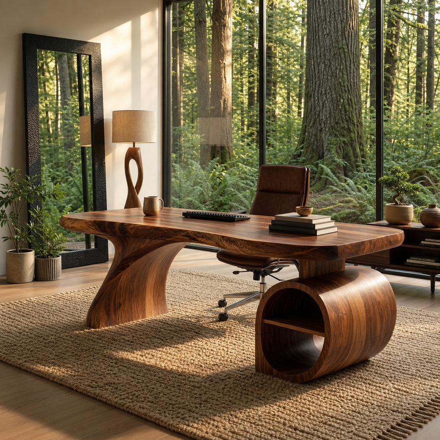 Modern Sculpted Desk With Open Storage For Home Office