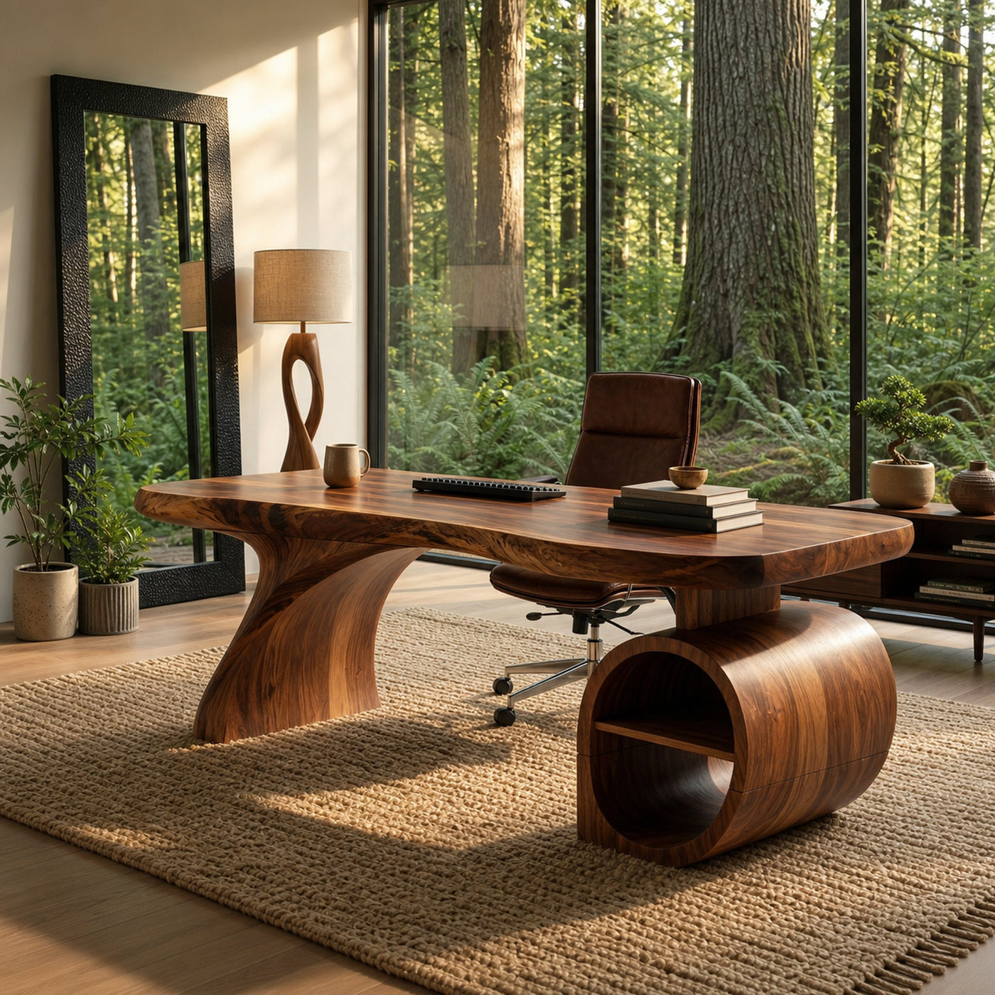 Modern Sculpted Desk With Open Storage For Home Office