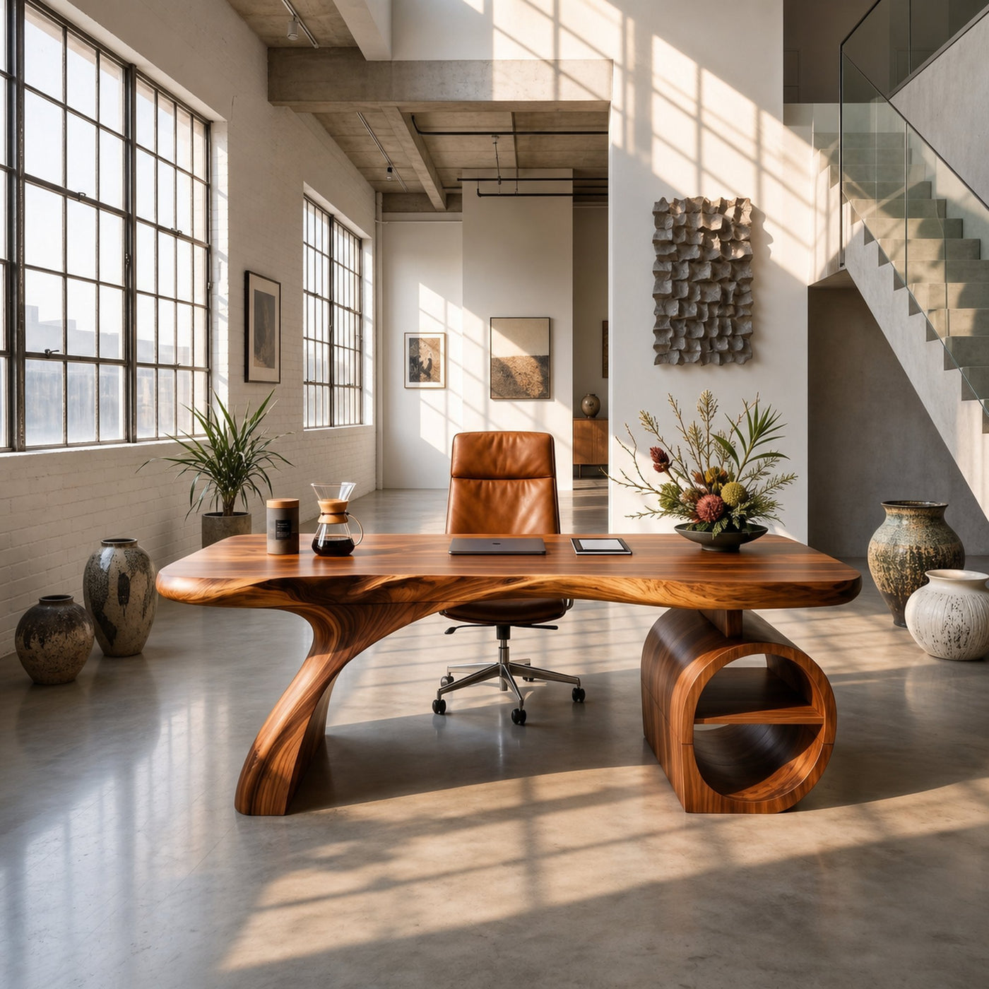 Modern Sculpted Desk With Open Storage For Home Office - product view 3