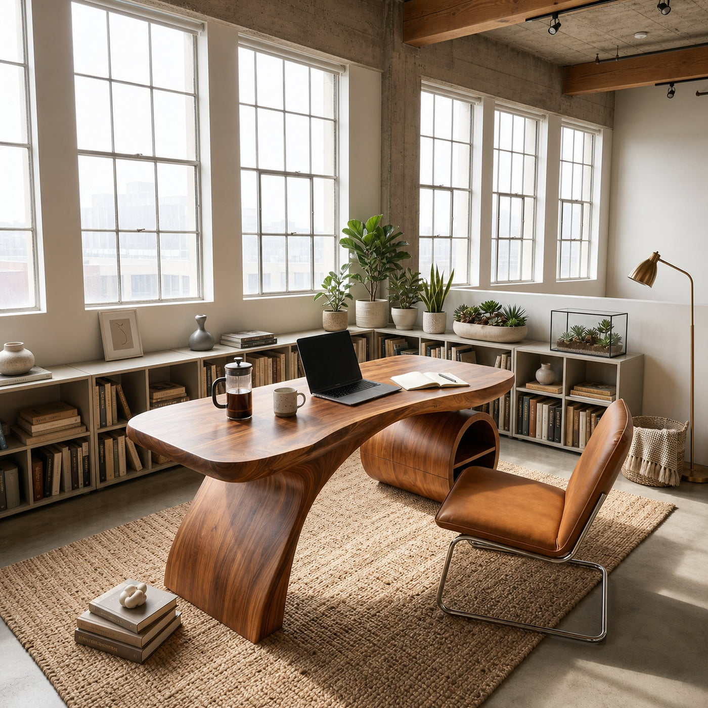 Modern Sculpted Desk With Open Storage For Home Office - product view 6