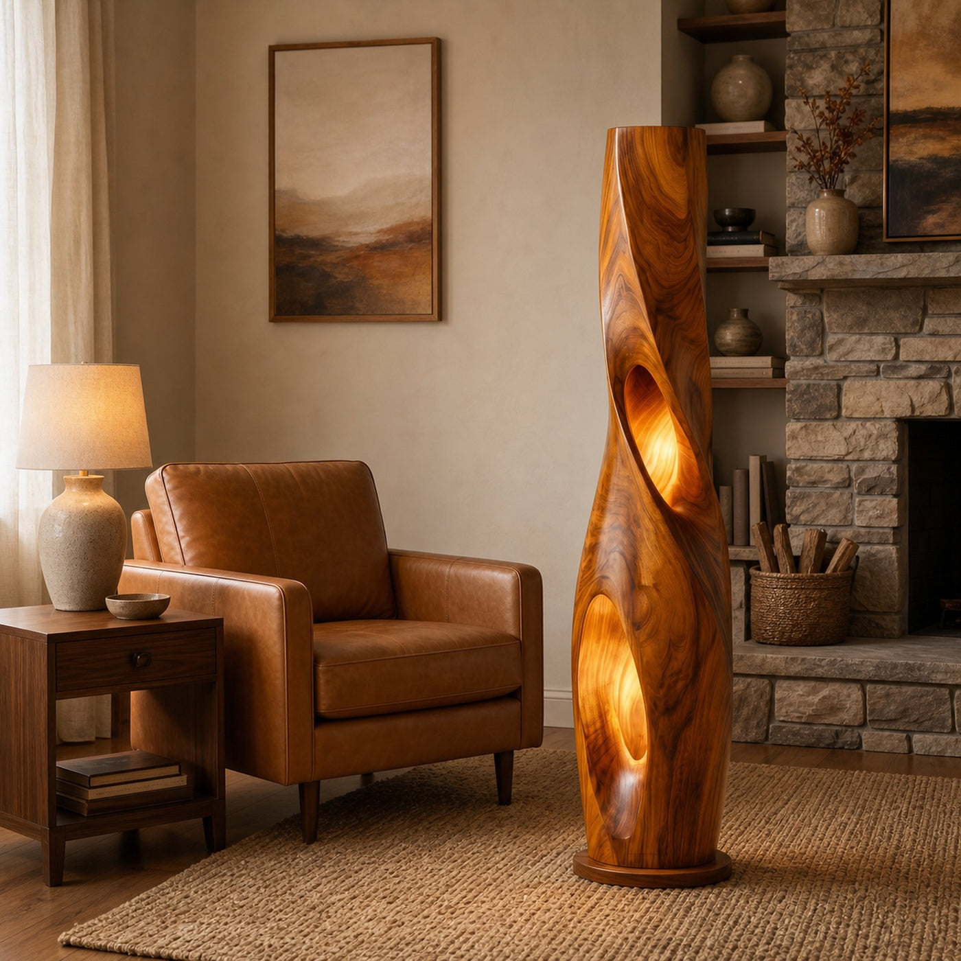 Modern Sculptural Floor Lamp With Hollow Solid Wood Design For Living Room