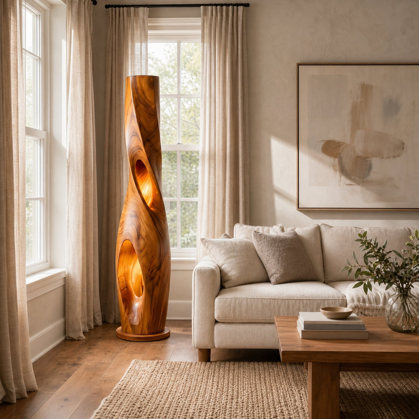 Modern Sculptural Floor Lamp With Hollow Solid Wood Design For Living Room - product view 2