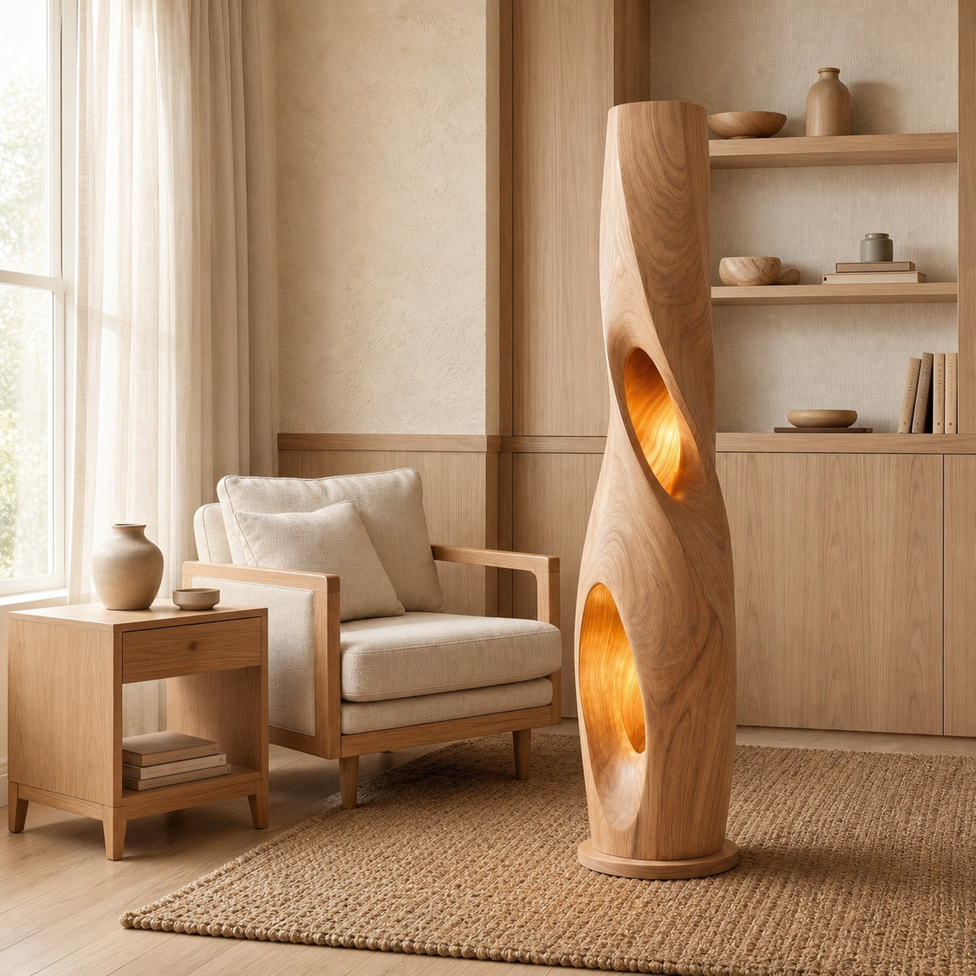 Modern Sculptural Floor Lamp With Hollow Solid Wood Design For Living Room - product view 5