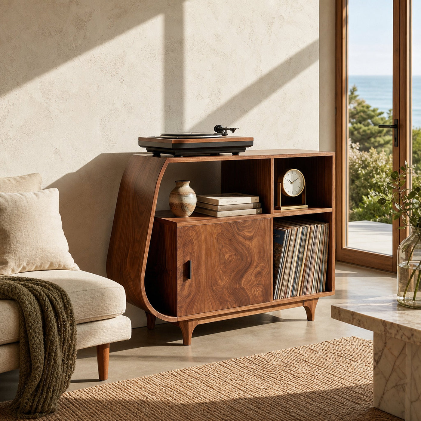 Modern Sculptural Wooden Stand Record Cabinet For Living Room