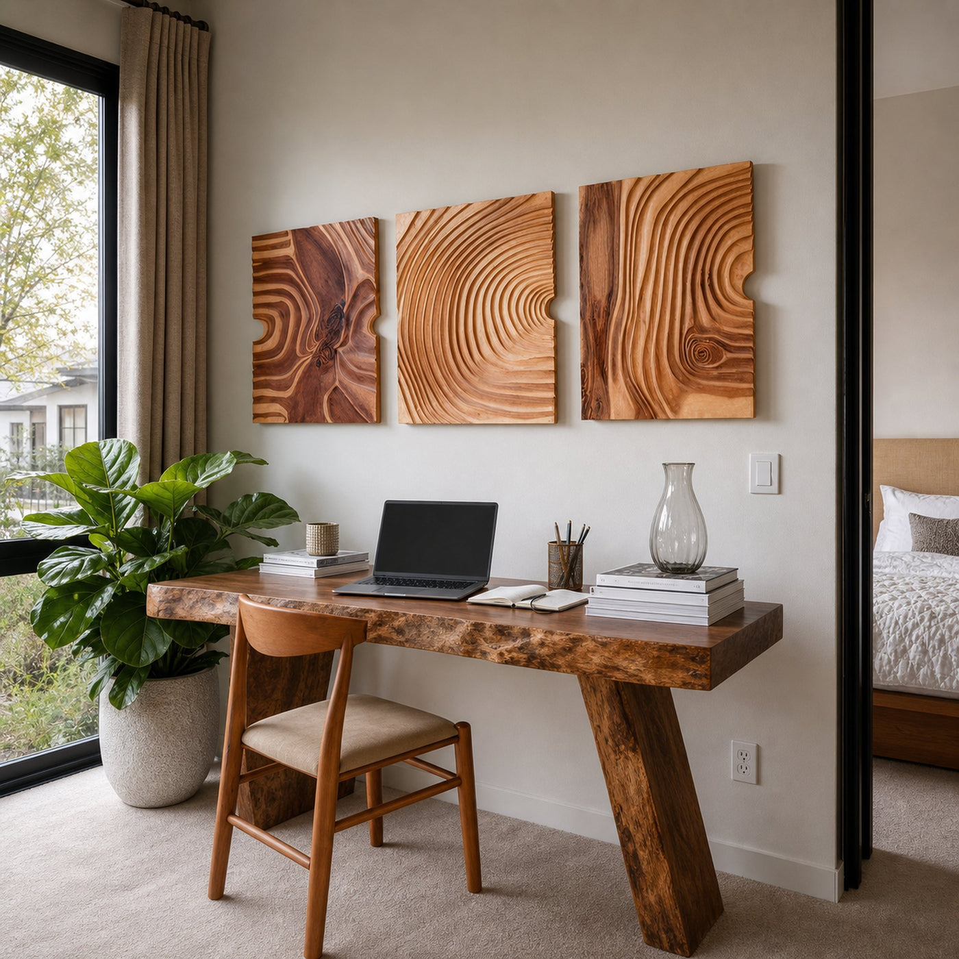 Modern Set 3Pc Carved Wooden Wall Art For Living Room And Office