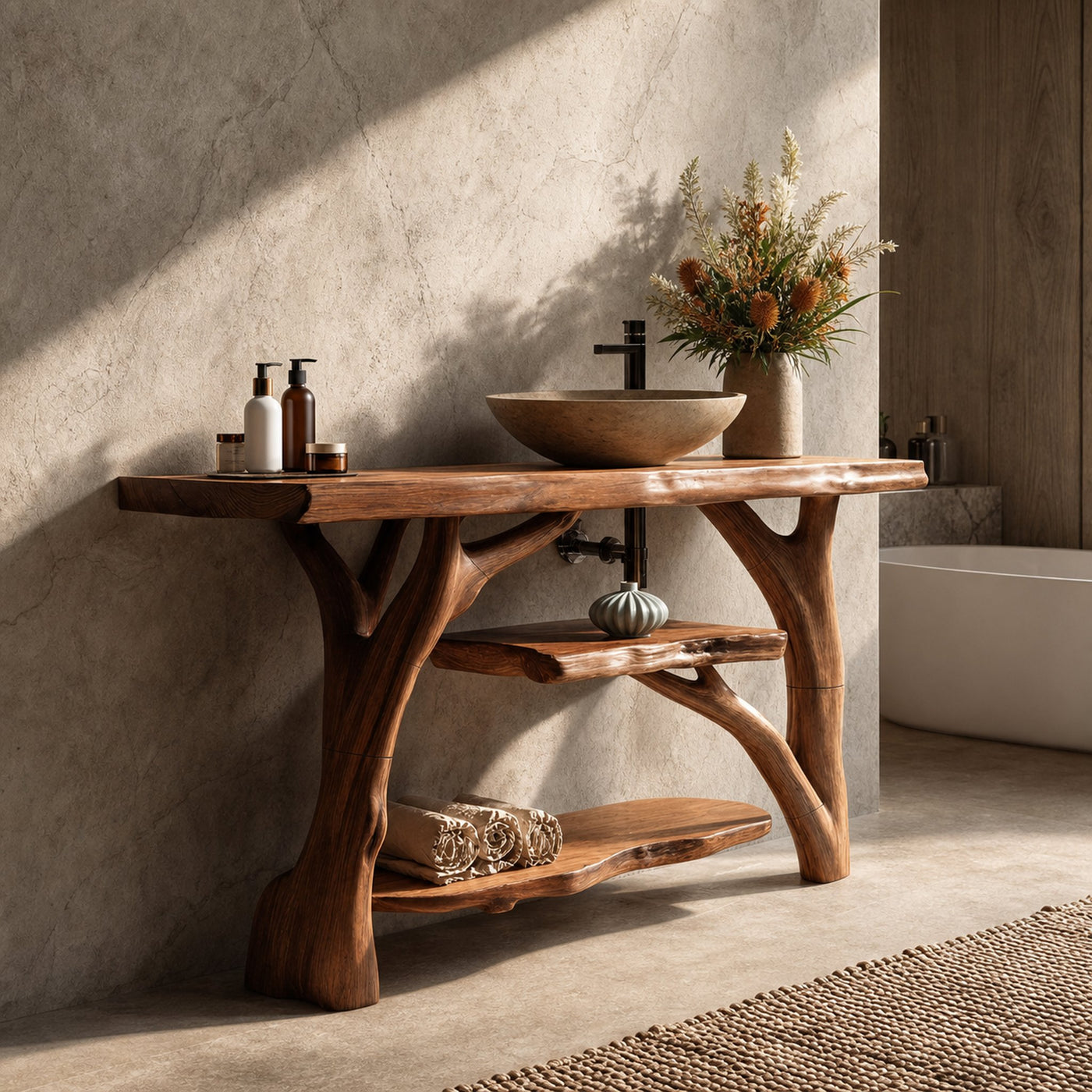 Modern Solid Wood Bathroom Vanity With Open Shelf For Spa Bathroom