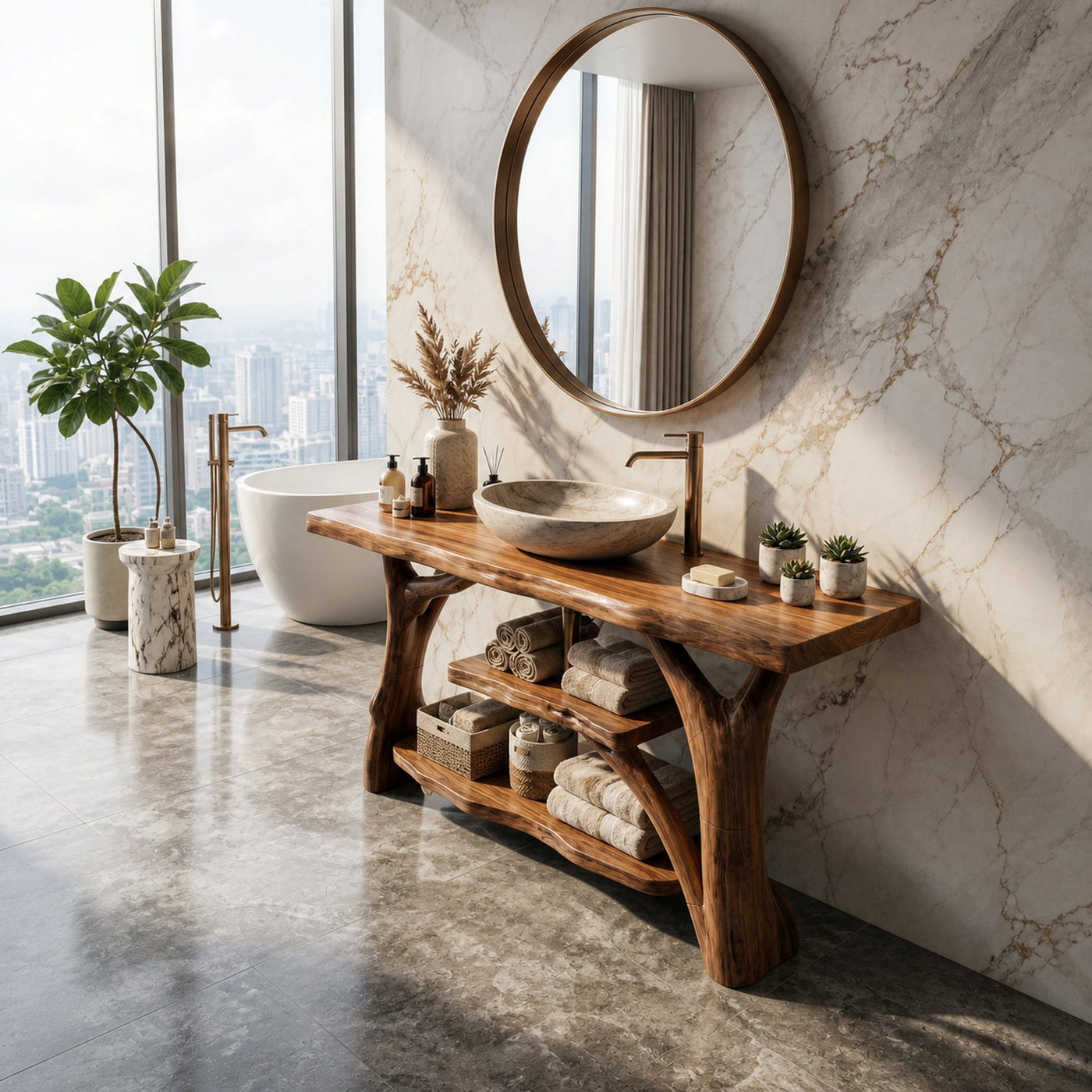 Modern Solid Wood Bathroom Vanity With Open Shelf For Spa Bathroom - product view 5