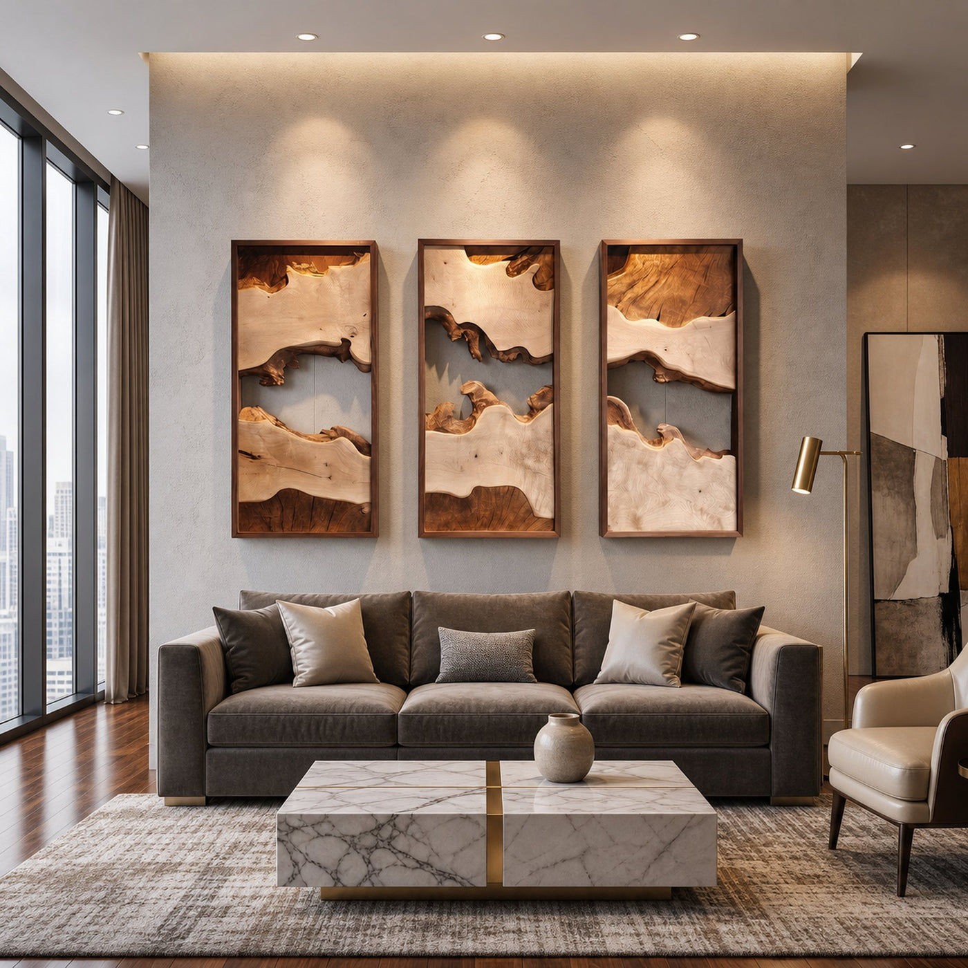 Modern Solid Wood Wall Art Set Abstract Landscape Living Room - product view 2