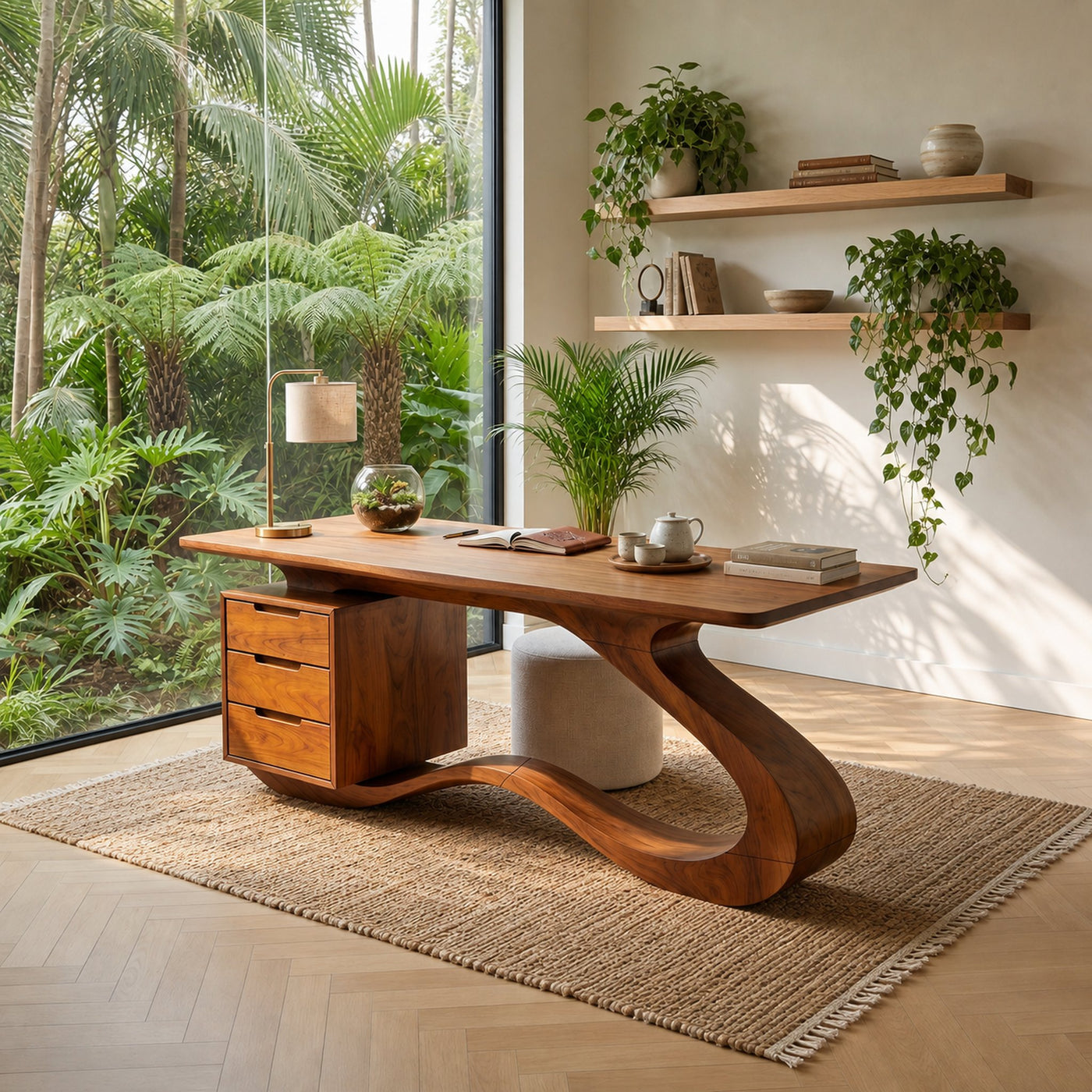 Modern Streamline Desk With Storage Cabinet For Workspace