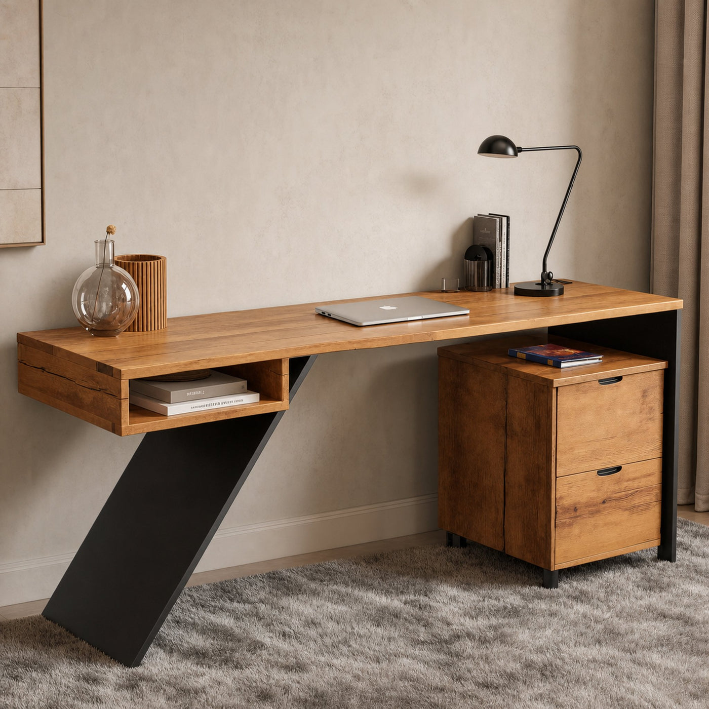 Modern Wood Desk With Storage Cabinet For Home Office Or Studio