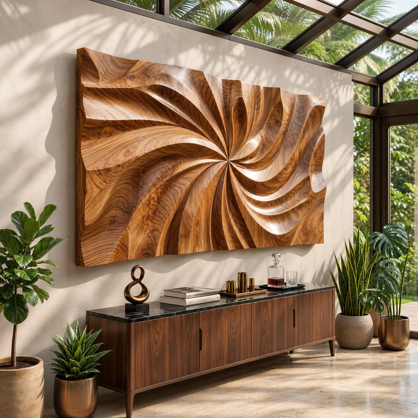 Modern Wood Wall Art With Swirl Relief For Sunroom