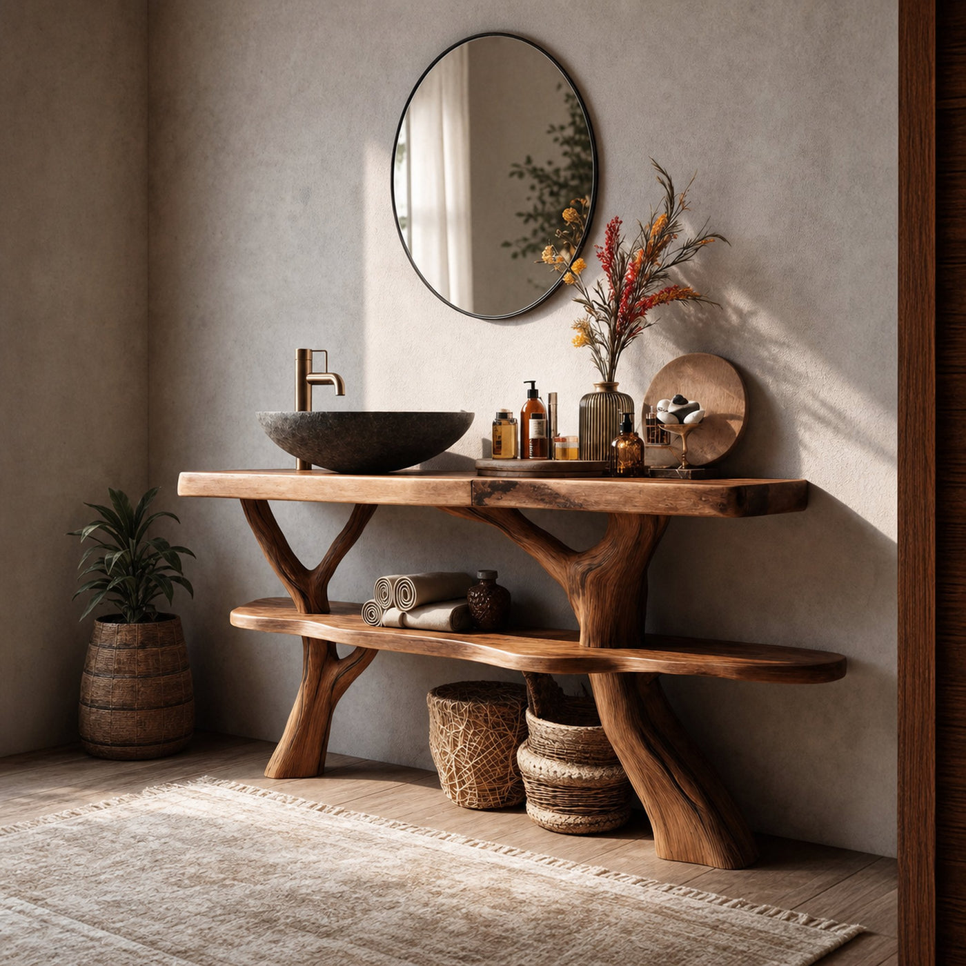 Modern Wooden Live Edge Bathroom Vanity For Elegant Bathroom Interior