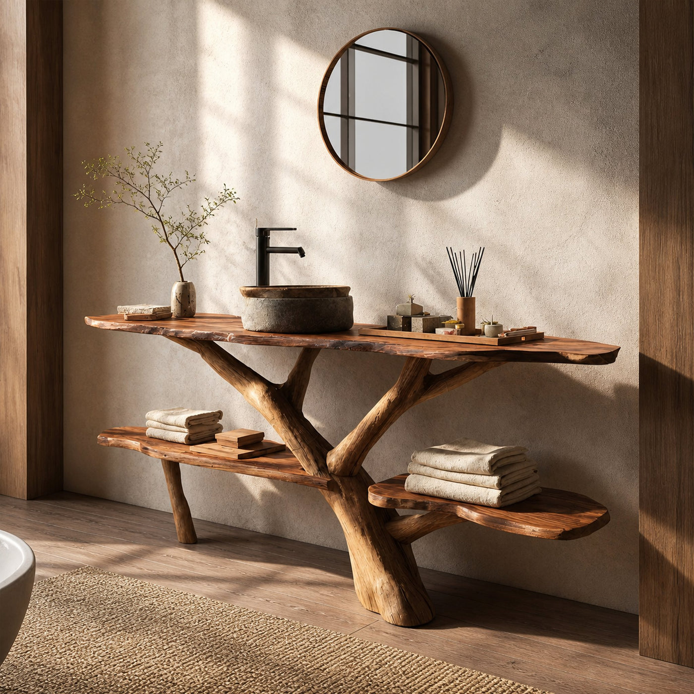 Modern Wooden Live Edge Bathroom Vanity For Minimalist Bathroom Design
