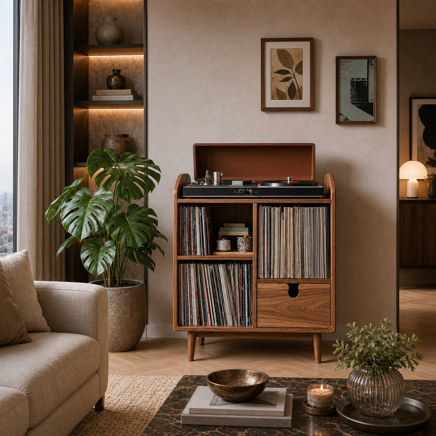 Modern Wooden Record Player Stand With Multi Compartments For Interior
