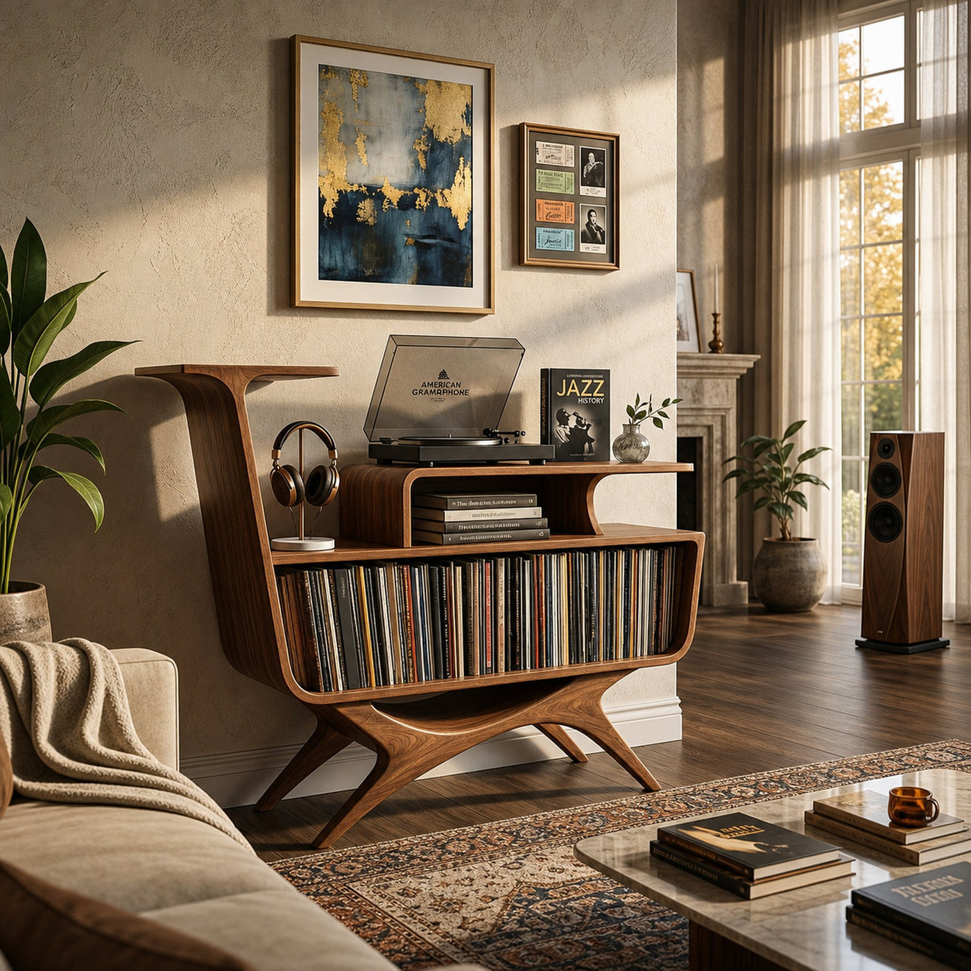 Modern Wooden Record Player Stand With Open Frame For Living