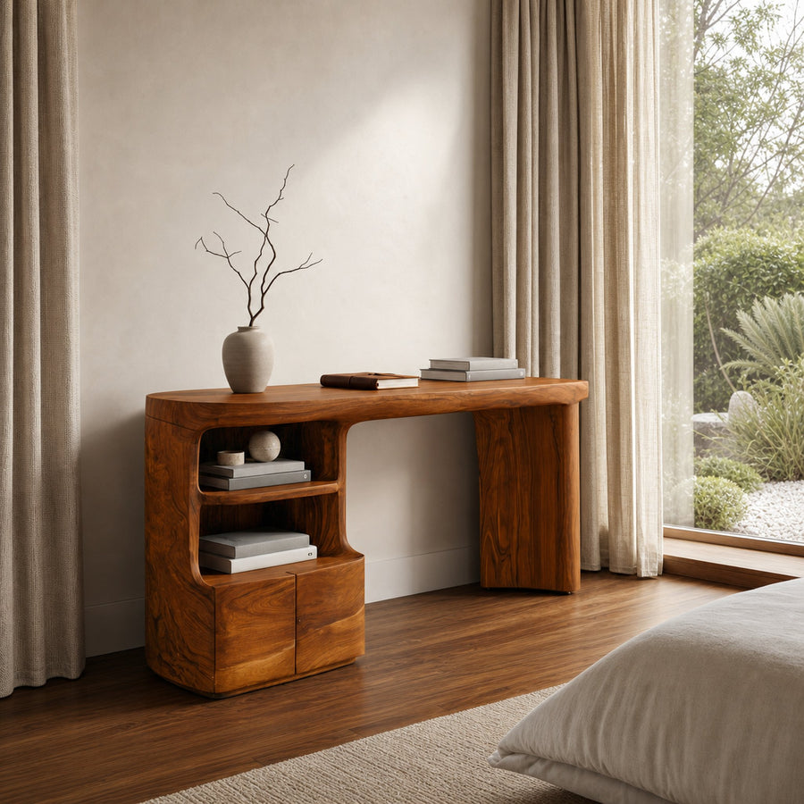 Modern Writing Desk With Open Storage Shelves For Home Office