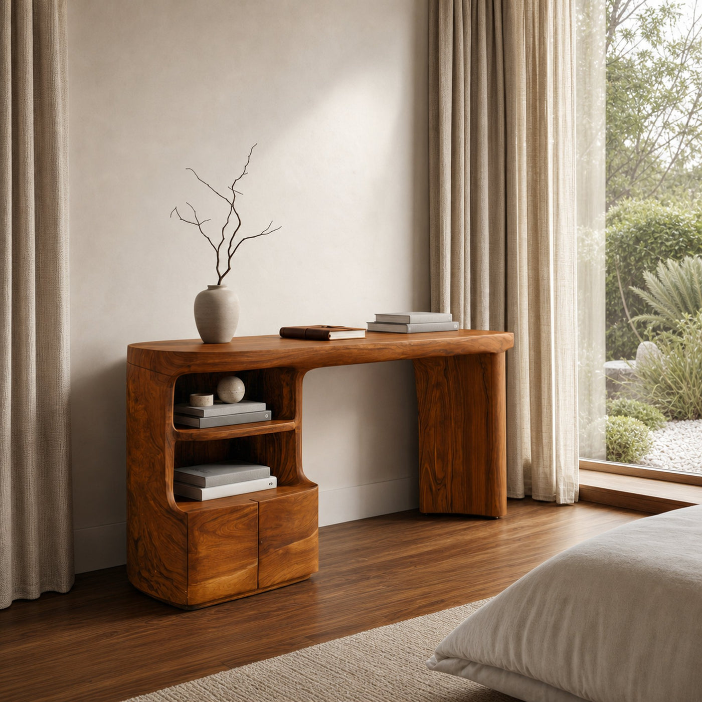 Modern Writing Desk With Open Storage Shelves For Home Office