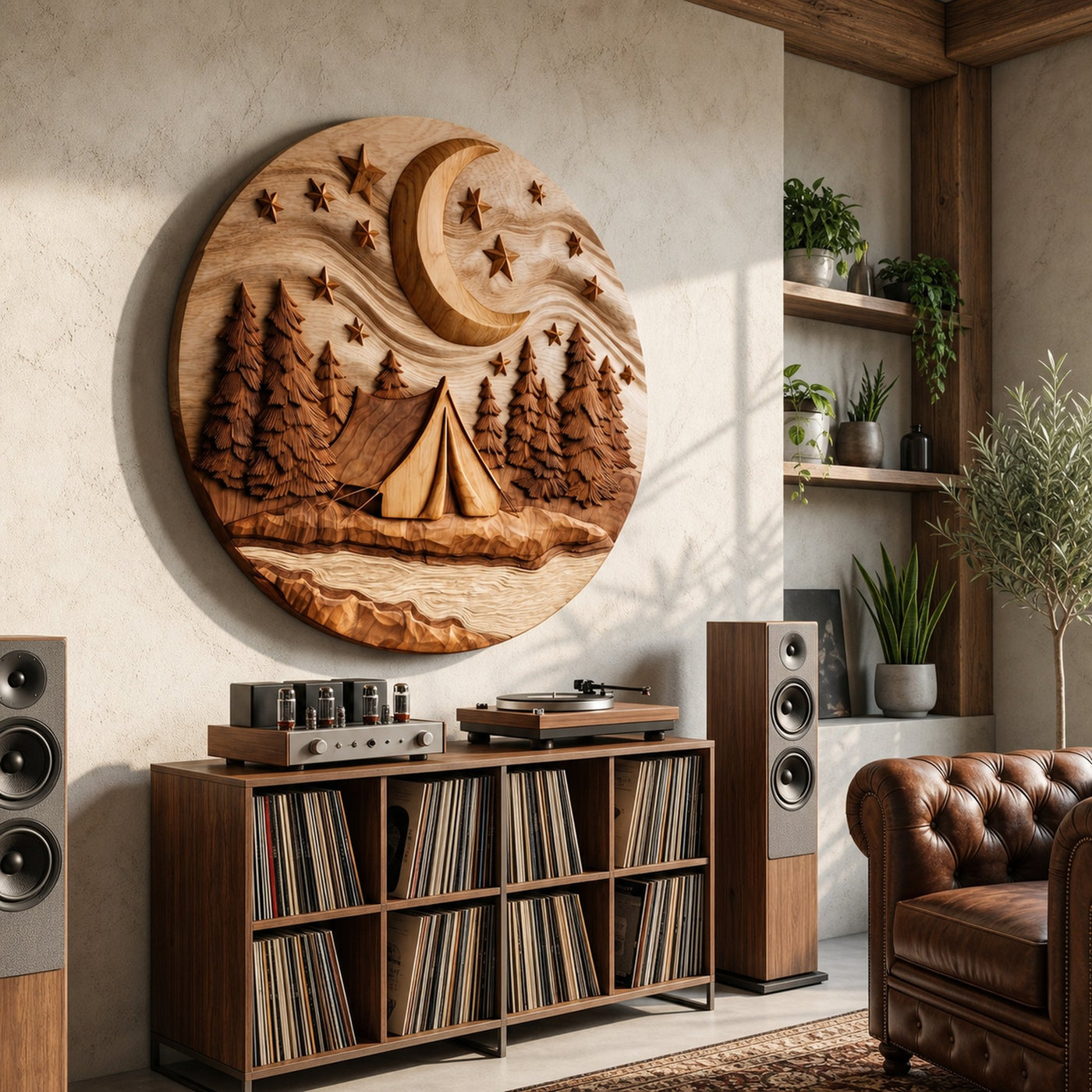 Moonlit Forest Wood Wall Sculpture For Rustic Music Room Decoration