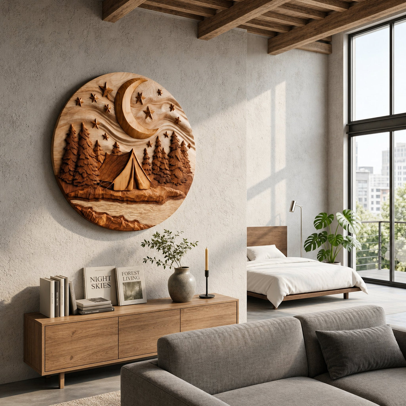Moonlit Forest Wood Wall Sculpture For Rustic Music Room Decoration - product view 3