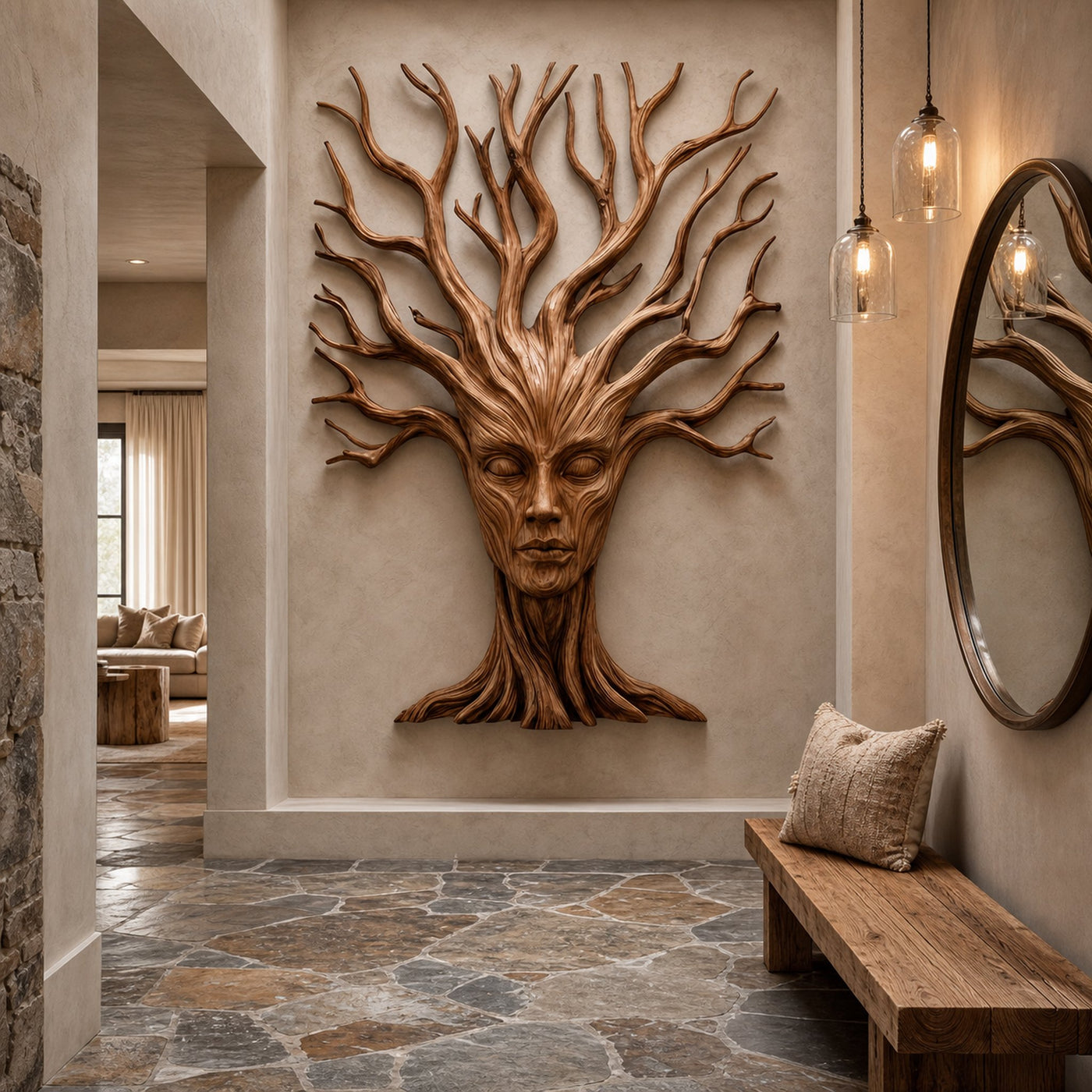 Mystical Tree Spirit Wooden Wall Art With Sculptural Face Design For Entryway And Living Room