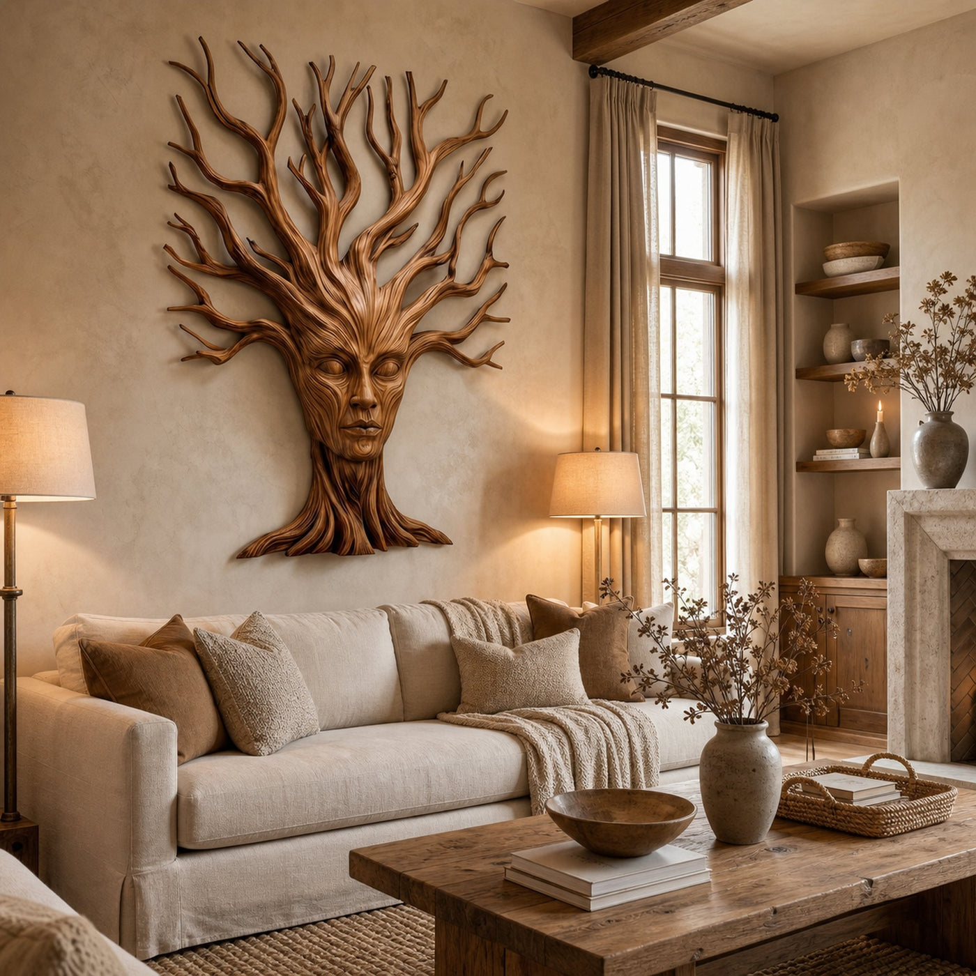Mystical Tree Spirit Wooden Wall Art With Sculptural Face Design For Entryway And Living Room - product view 2