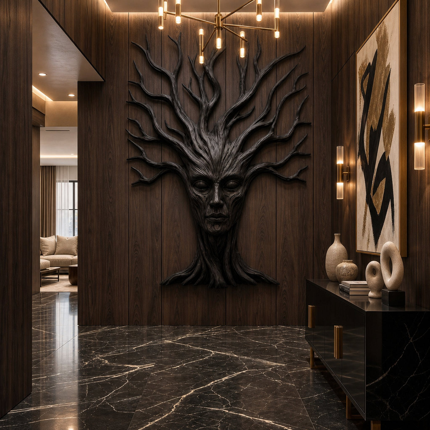 Mystical Tree Spirit Wooden Wall Art With Sculptural Face Design For Entryway And Living Room - product view 4