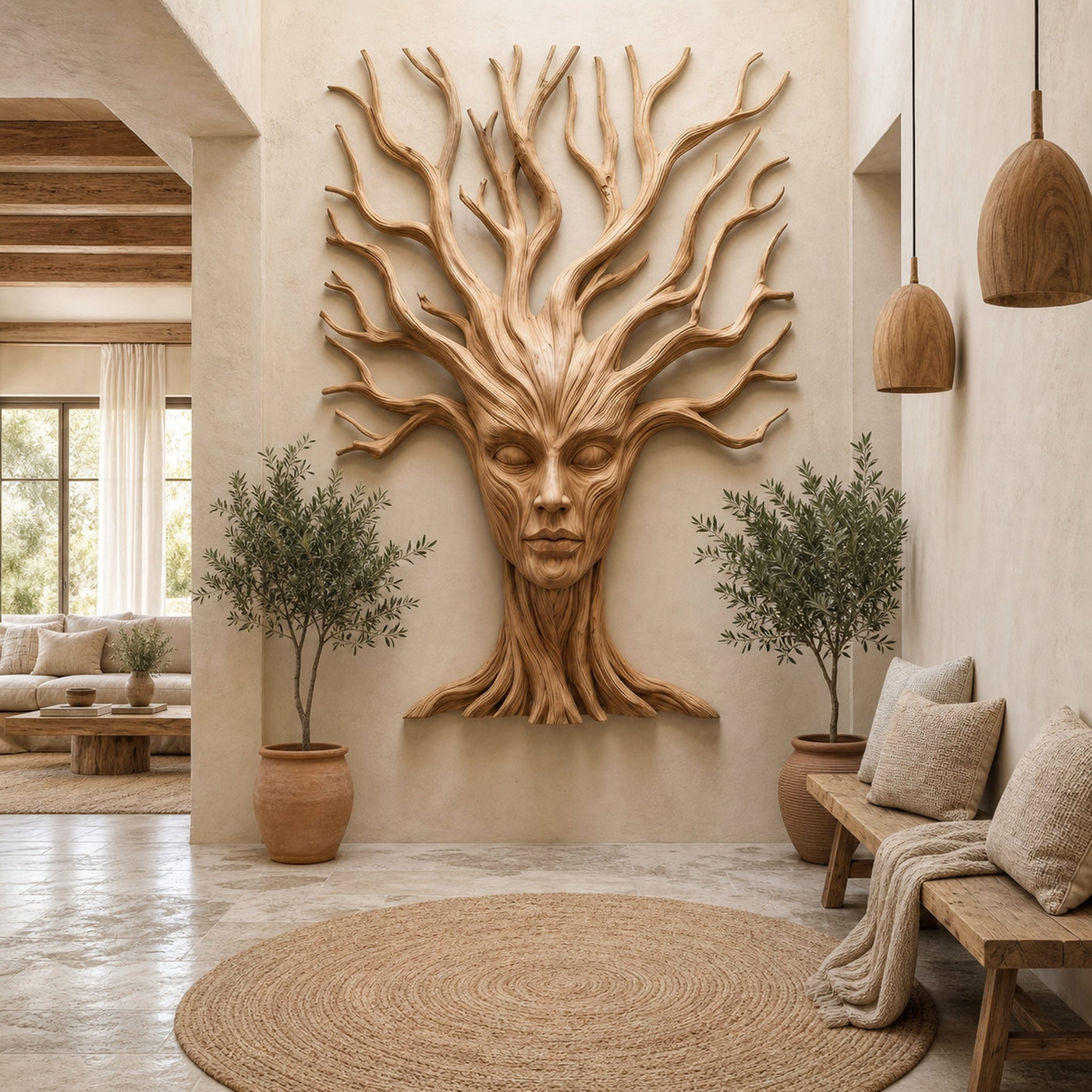 Mystical Tree Spirit Wooden Wall Art With Sculptural Face Design For Entryway And Living Room - product view 5